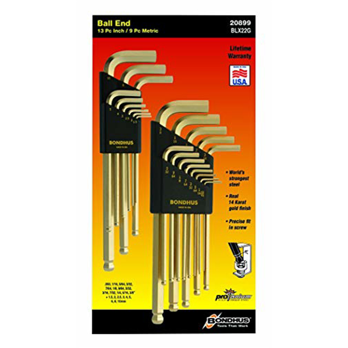 Bondhus 20899 13 Piece Fractional & 9 Piece Metric Hex Ball End Wrench Set