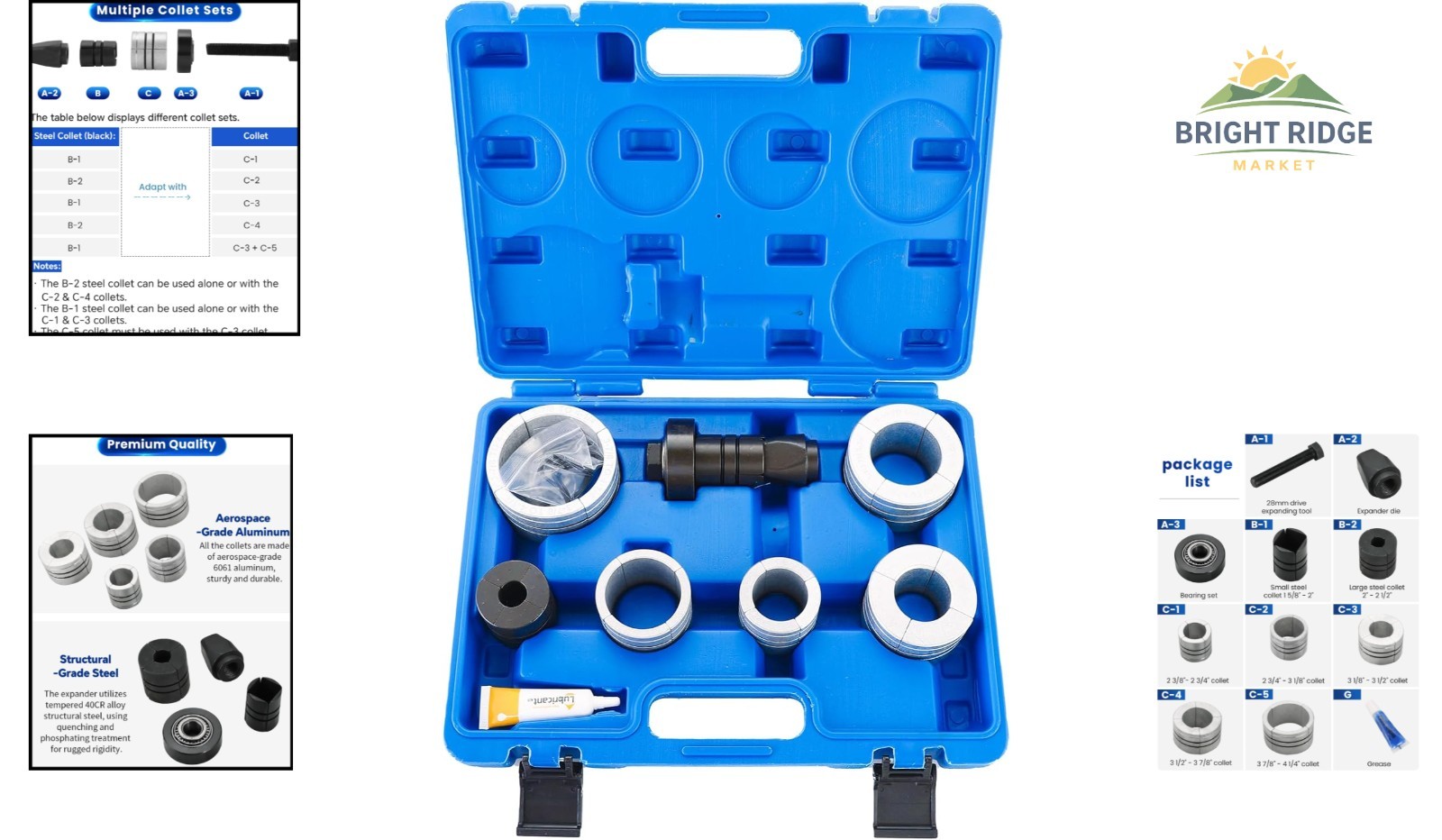 Muffler Pipe Expander Tool Set with Various Collet Sizes for Exhaust Adjustments