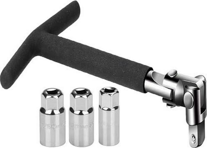 3/8” T-Handle Spark Plug 16/18/21 mm, 4 Pieces Flexible Spark Plug Socket Set,