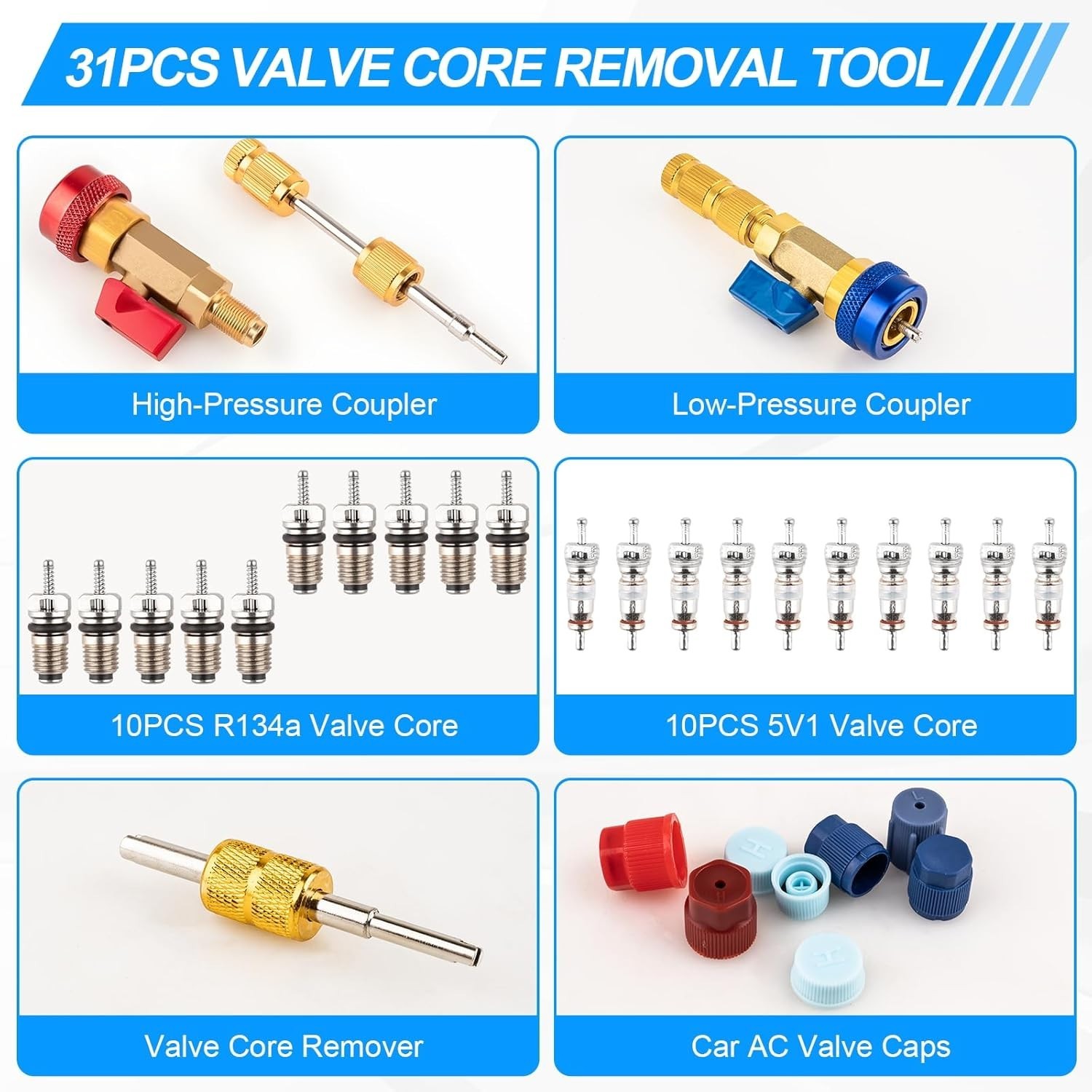 R134A Valve Core Quick Remover Installer Tool Set – 31PCS AC High Low Pressur…