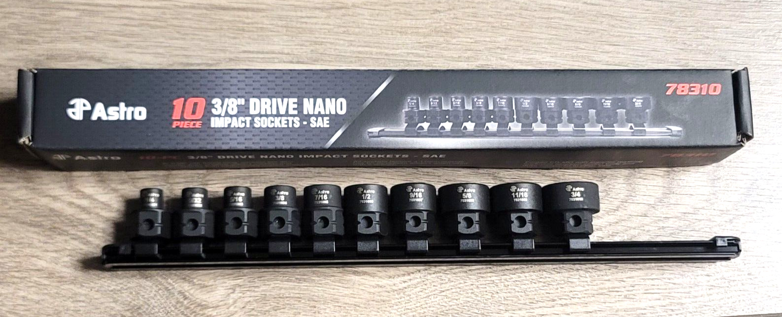 Astro 3/8″ dr 10pc SAE Low Profile Stubby Nano Impact socket Set w/Rail 78310