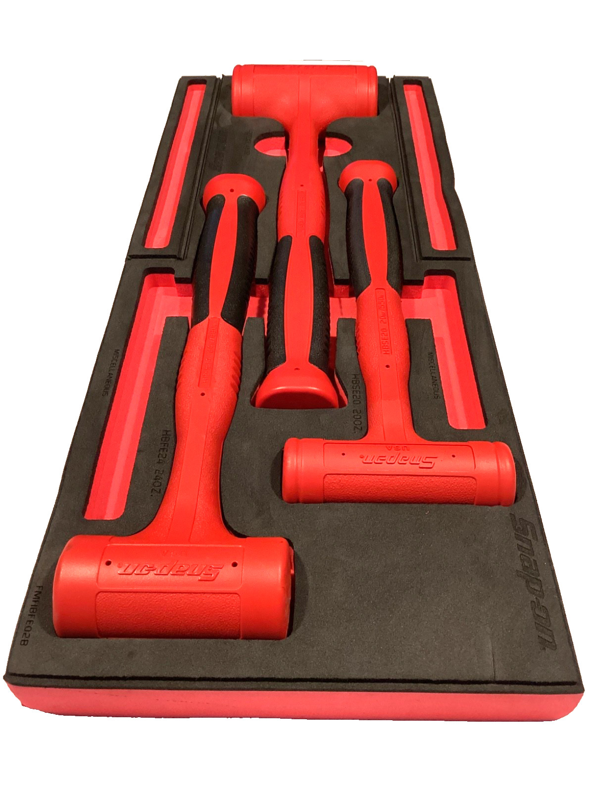 Snap On 3 Piece RED Soft Grip Dead Blow Hammer Set With FOAM Tray HBFE302FR NICE