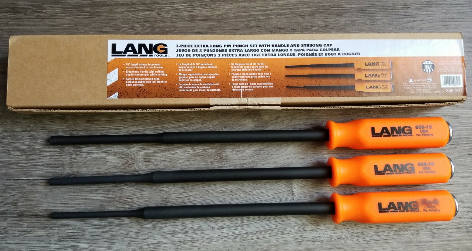 Lang 3pc 16″ Long Heavy Duty Pin Punch Set w/ Handles, made in USA #856-3ST