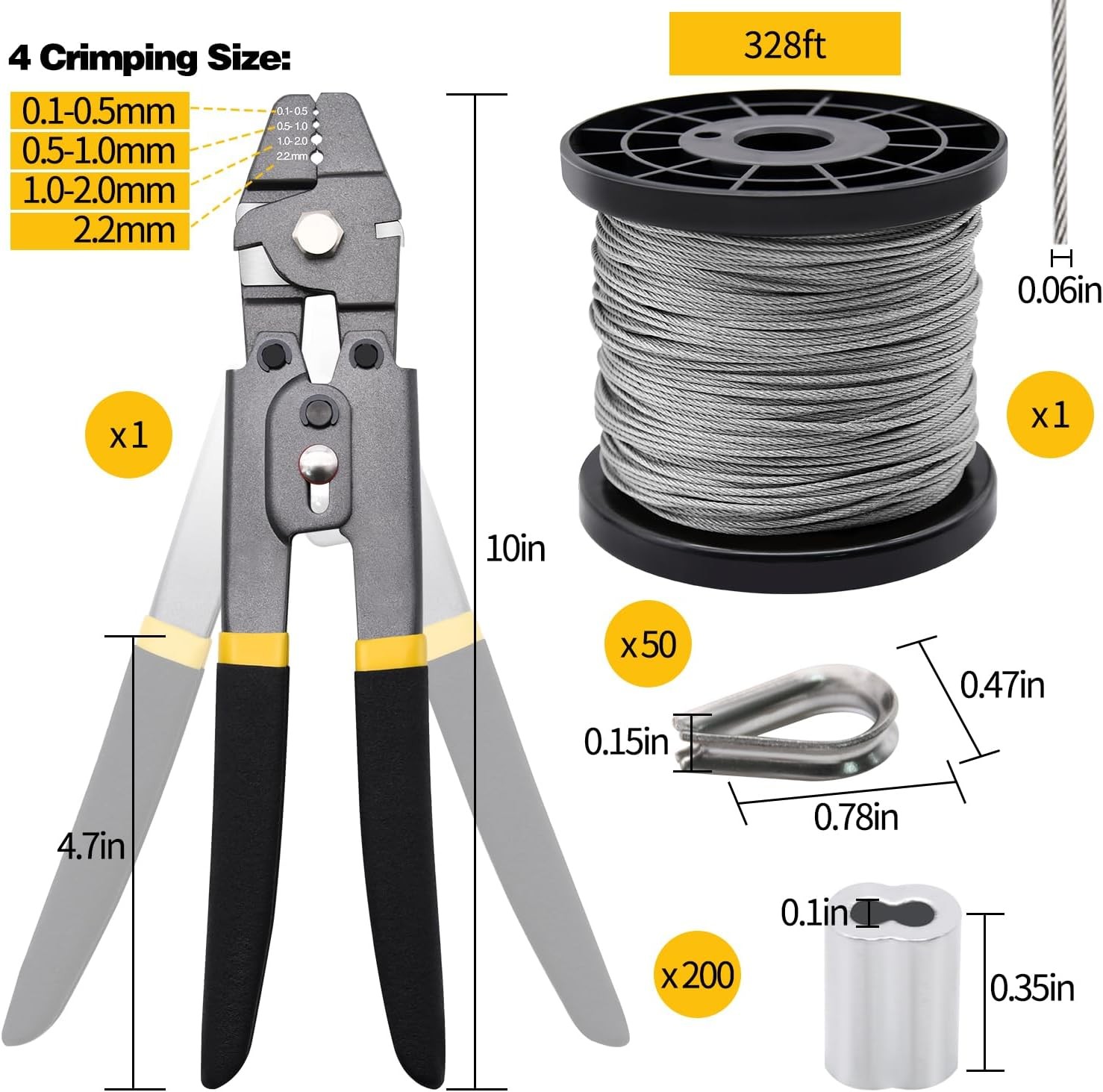 328ft Wire Rope Crimping Tool Kit, Stainless Steel Cable Grey,black