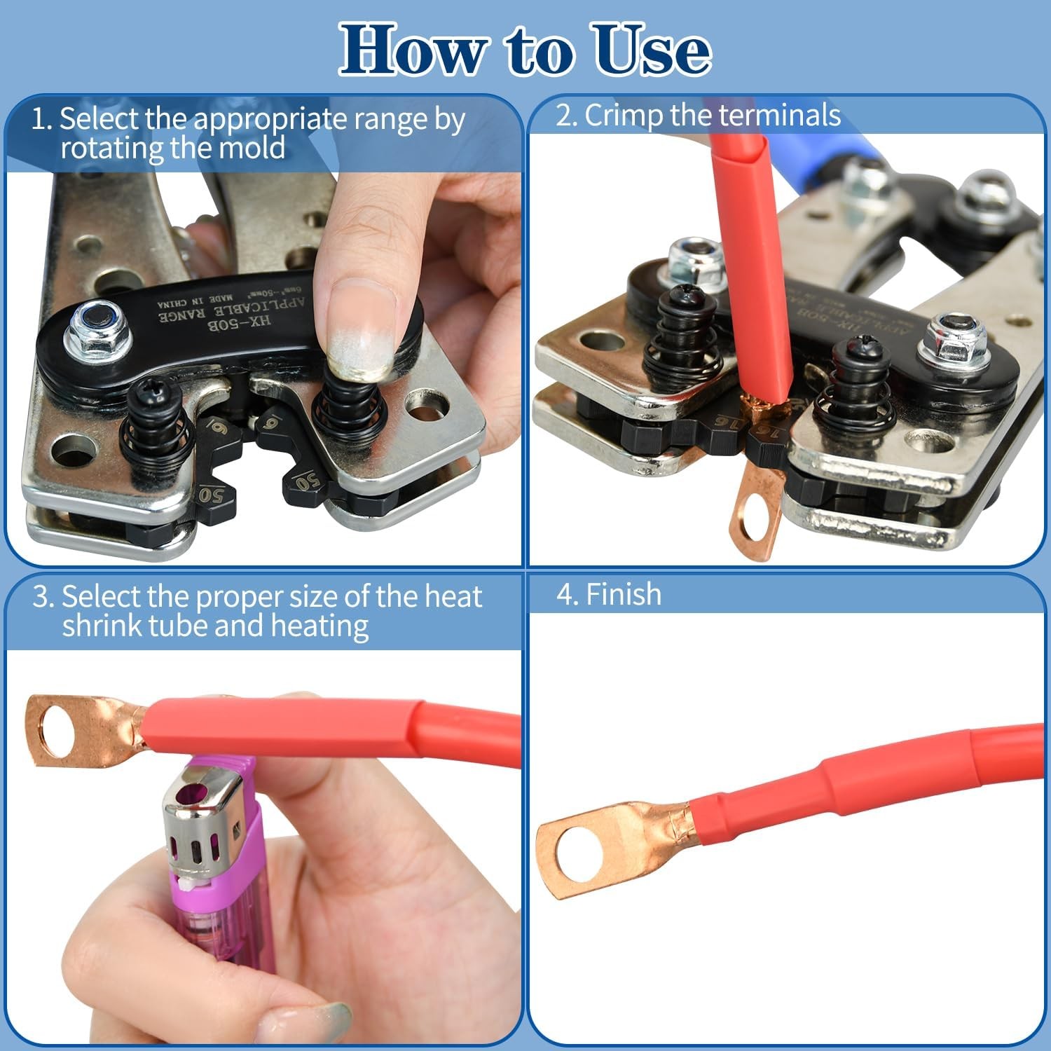 Cable Lug Crimping Tool with 74pcs Copper Wire Lugs, 100pcs Dual Silver/Grey