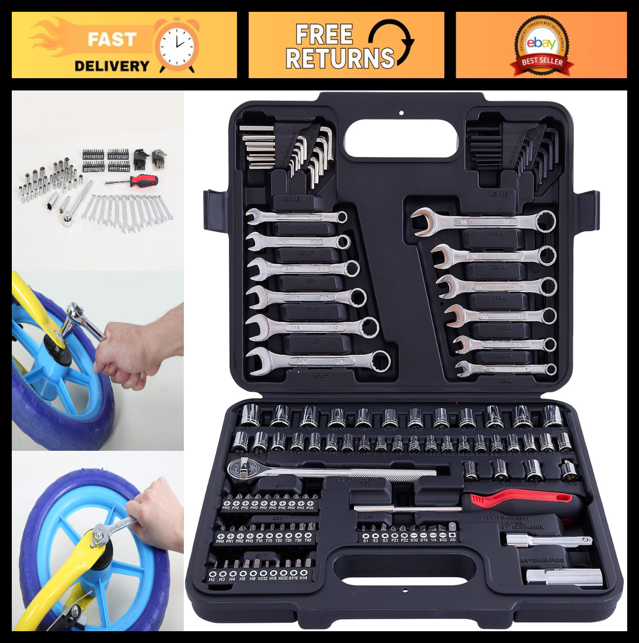 121-Piece Mechanics Tool Set | SAE & Metric Socket Wrench Kit for Auto Repair &