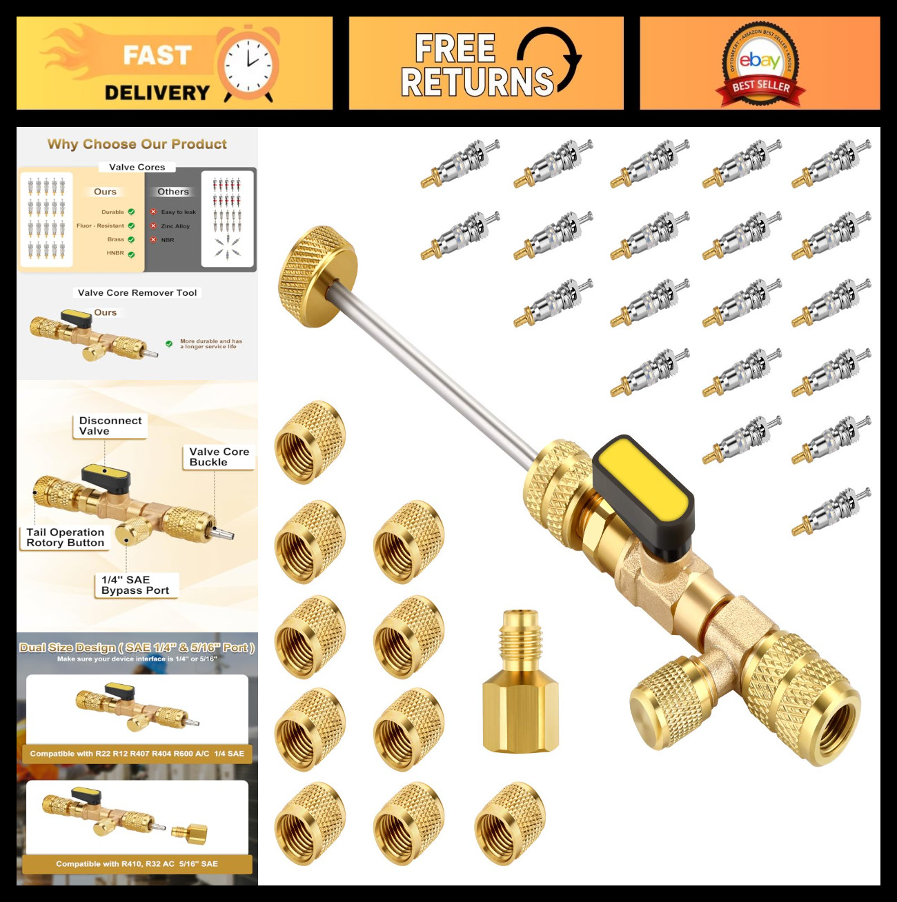 Valve Core Remover Installer Tool – Dual Size 1/4 & 5/16, 20 Valve Cores, 10 Bra