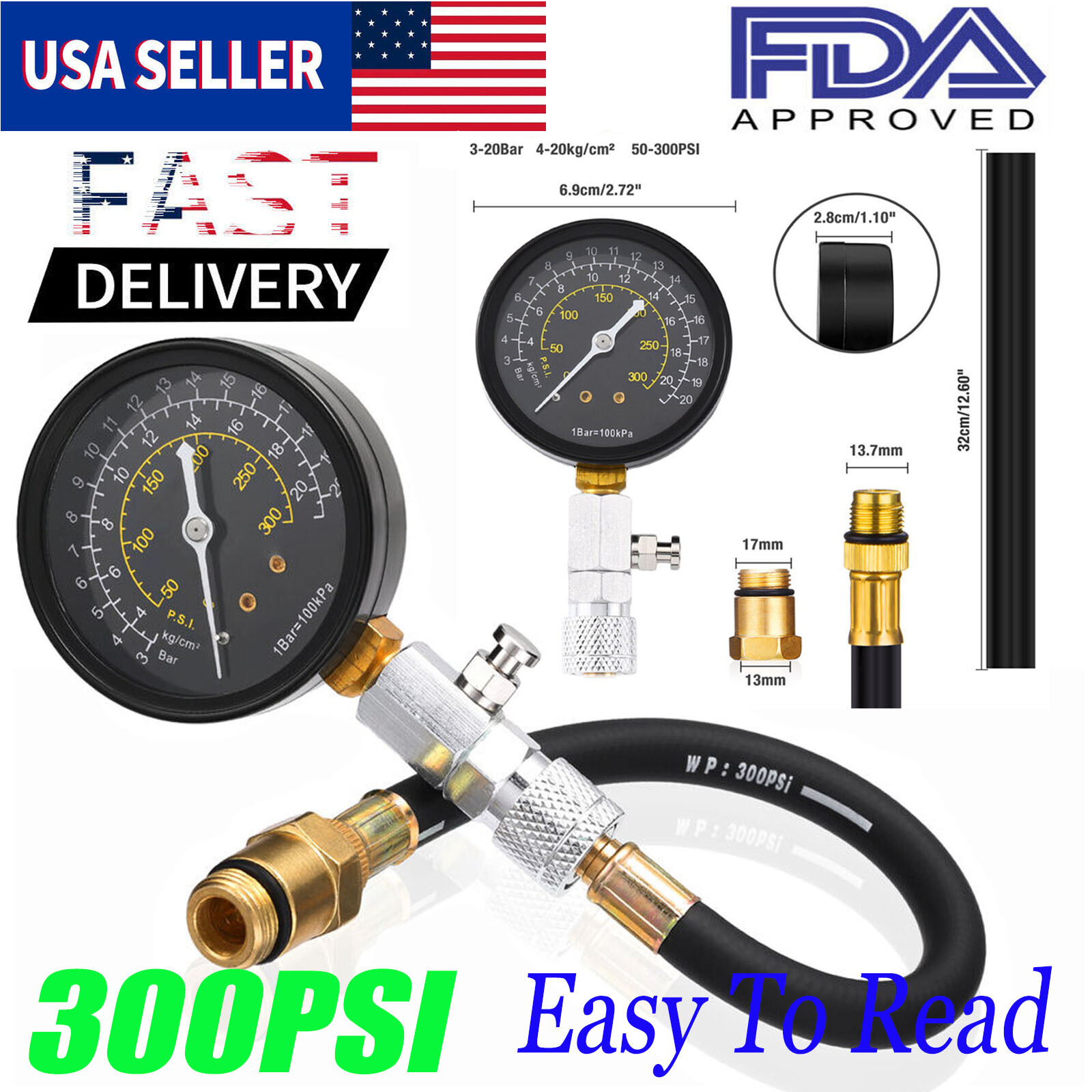 300PSI Engine Cylinder Compression Gauge Tester Kit Gas Diagnostic Tester Set US