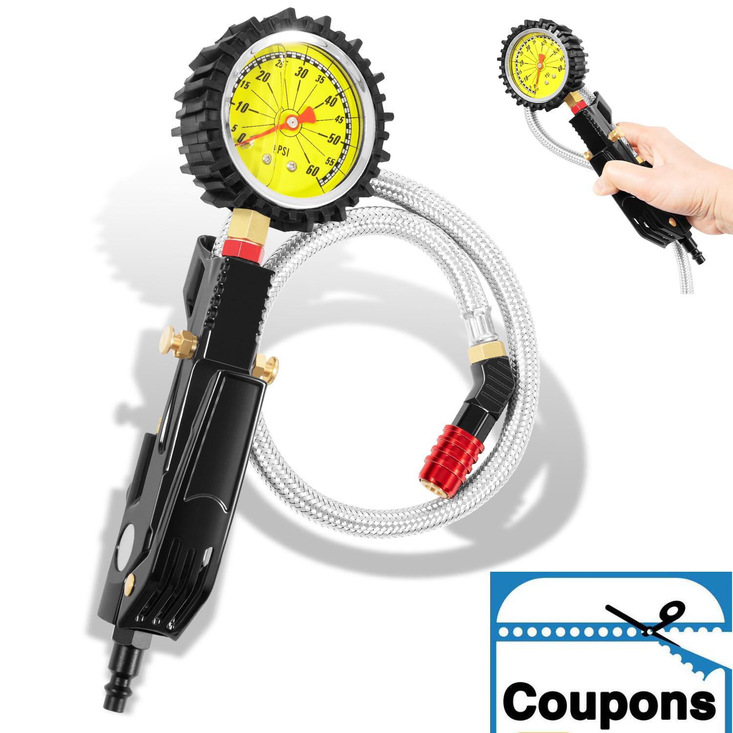 TIG-9200 Tire Inflator w/ Pressure Gauge 0-60 psi Heavy Duty Air Chuck Long Hose
