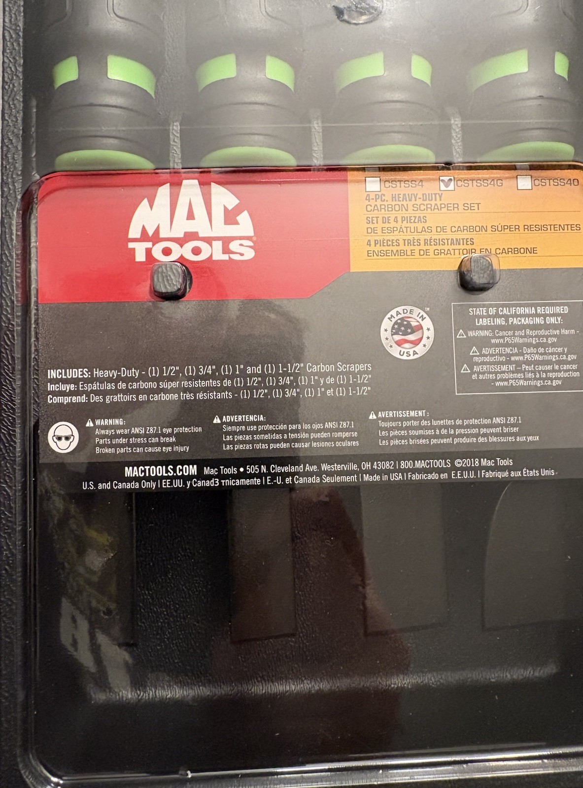Mac Tools 4 Pc. Strikable Scraper Set (GREEN) w/Plastic Storage Tray