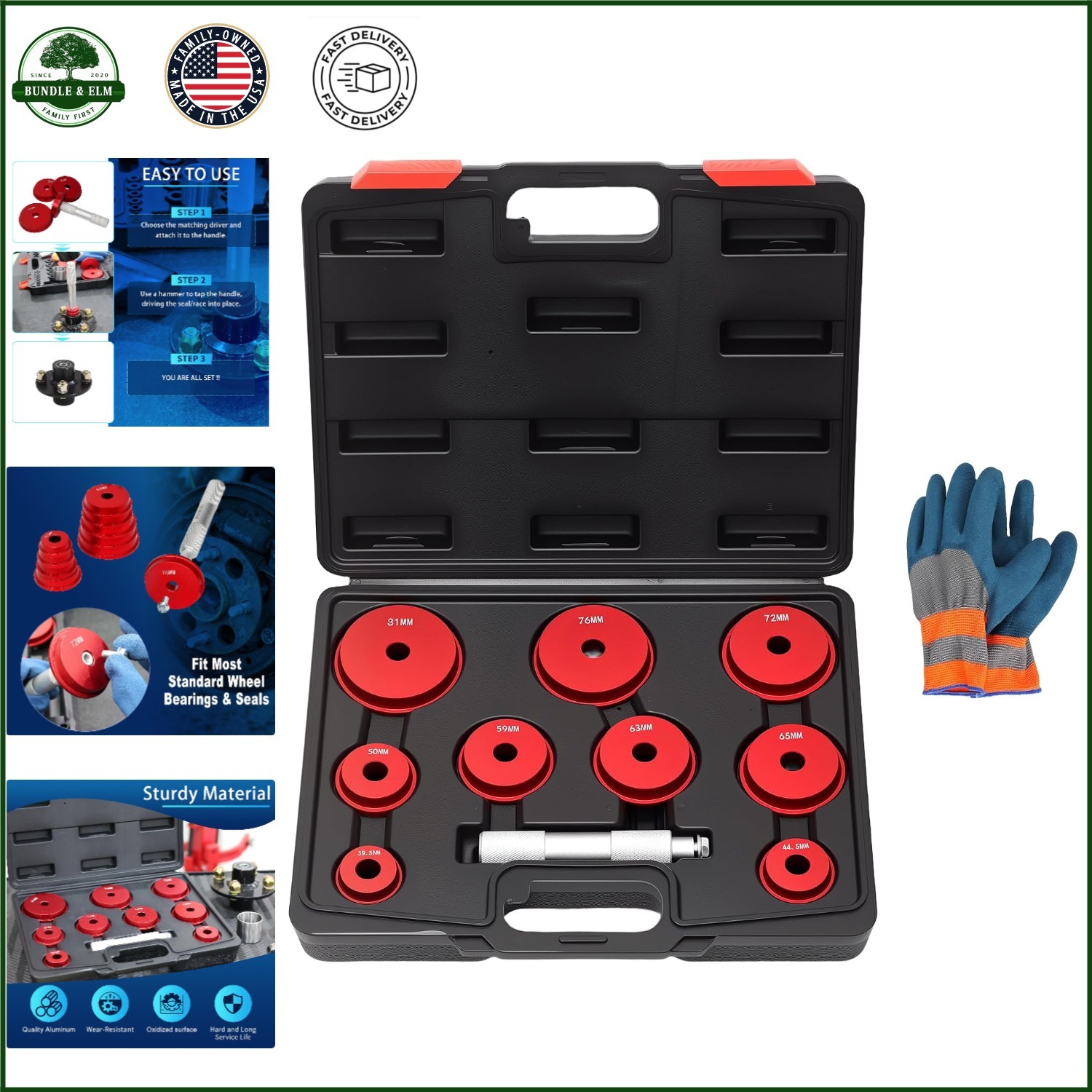 10-Piece Bearing Press Kit with 9 Adapters, Gloves and Storage Case Included