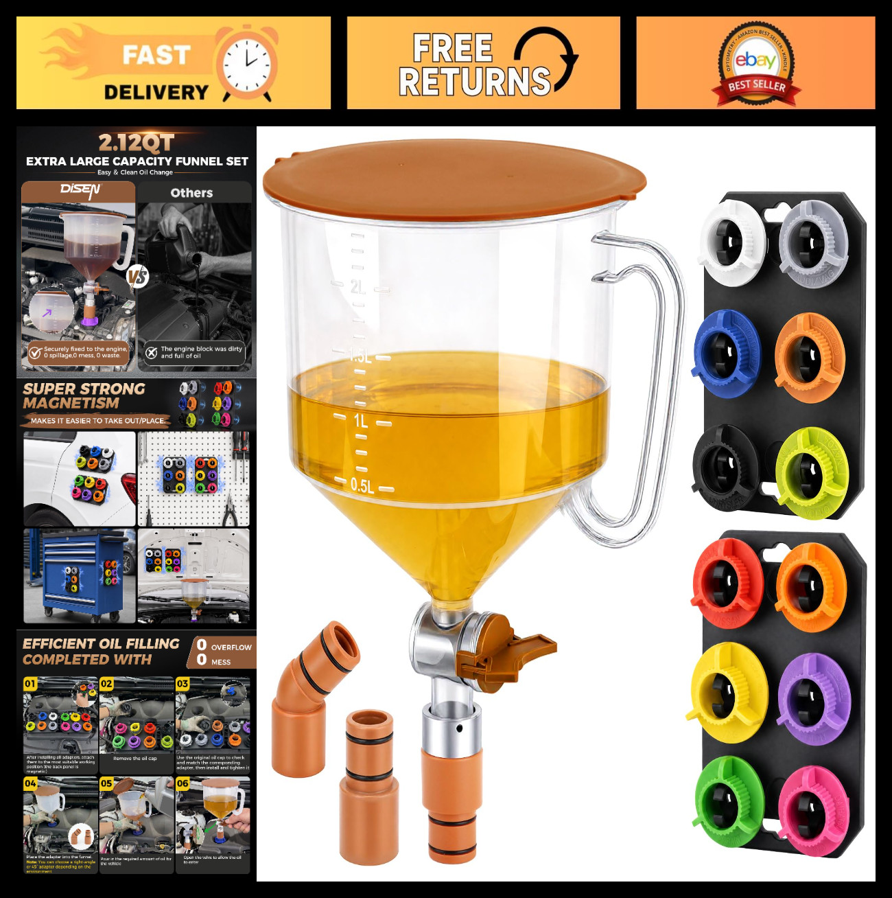17-Piece Oil Funnel Kit with 12 Adapters, 2.12QT Oil Funnel Set & Magnetic Trays