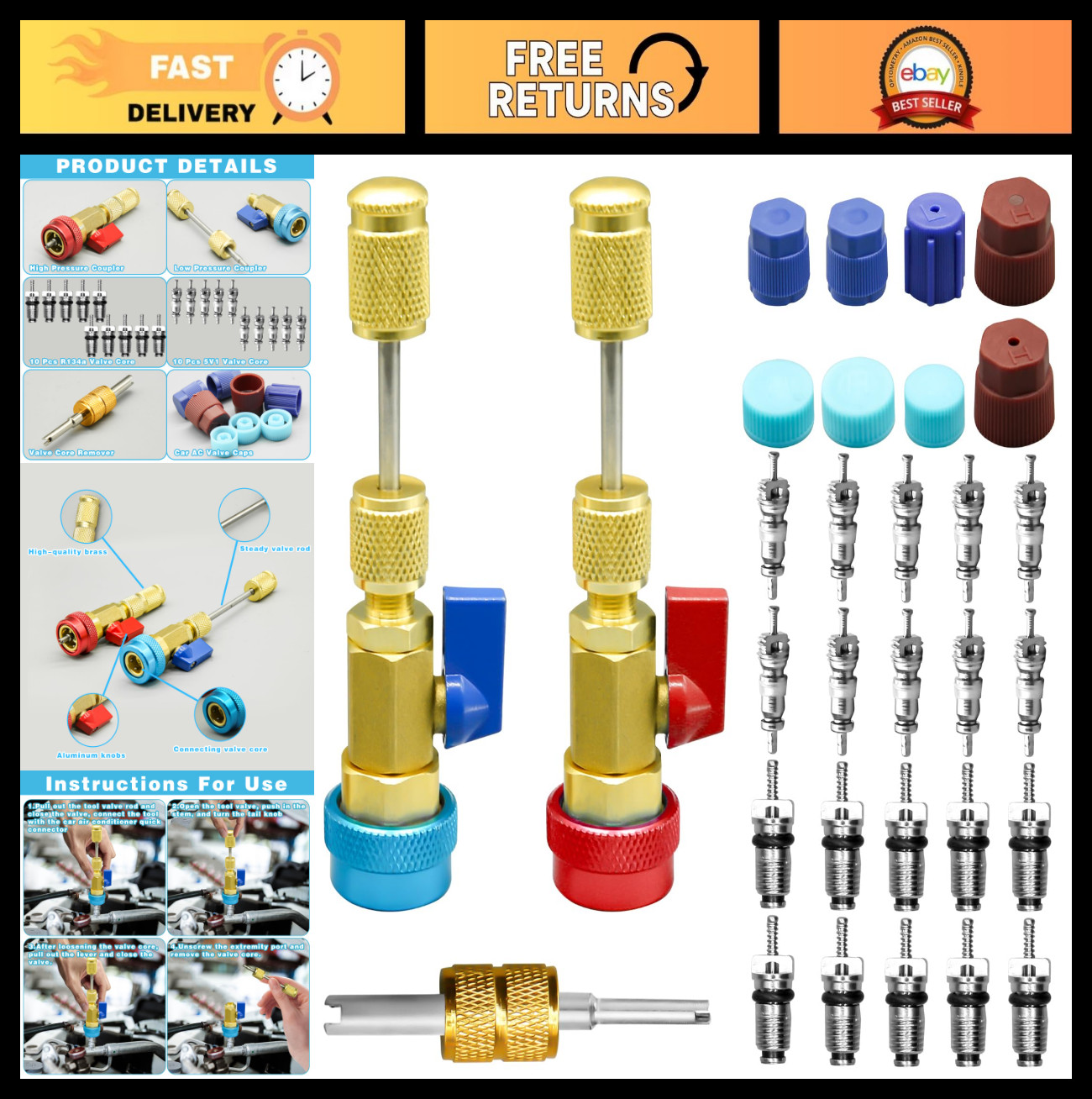 31Pcs R134A AC Valve Core Removal Tool Set, High/Low Pressure Installer Kit