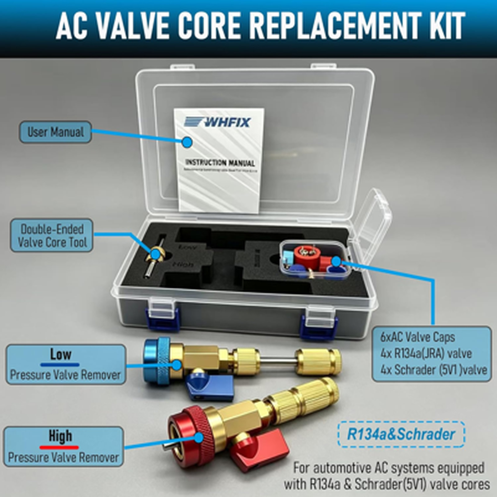 R134A Valve Core Remover Installer Tool Set, AC Schrader Valve Removal Kit