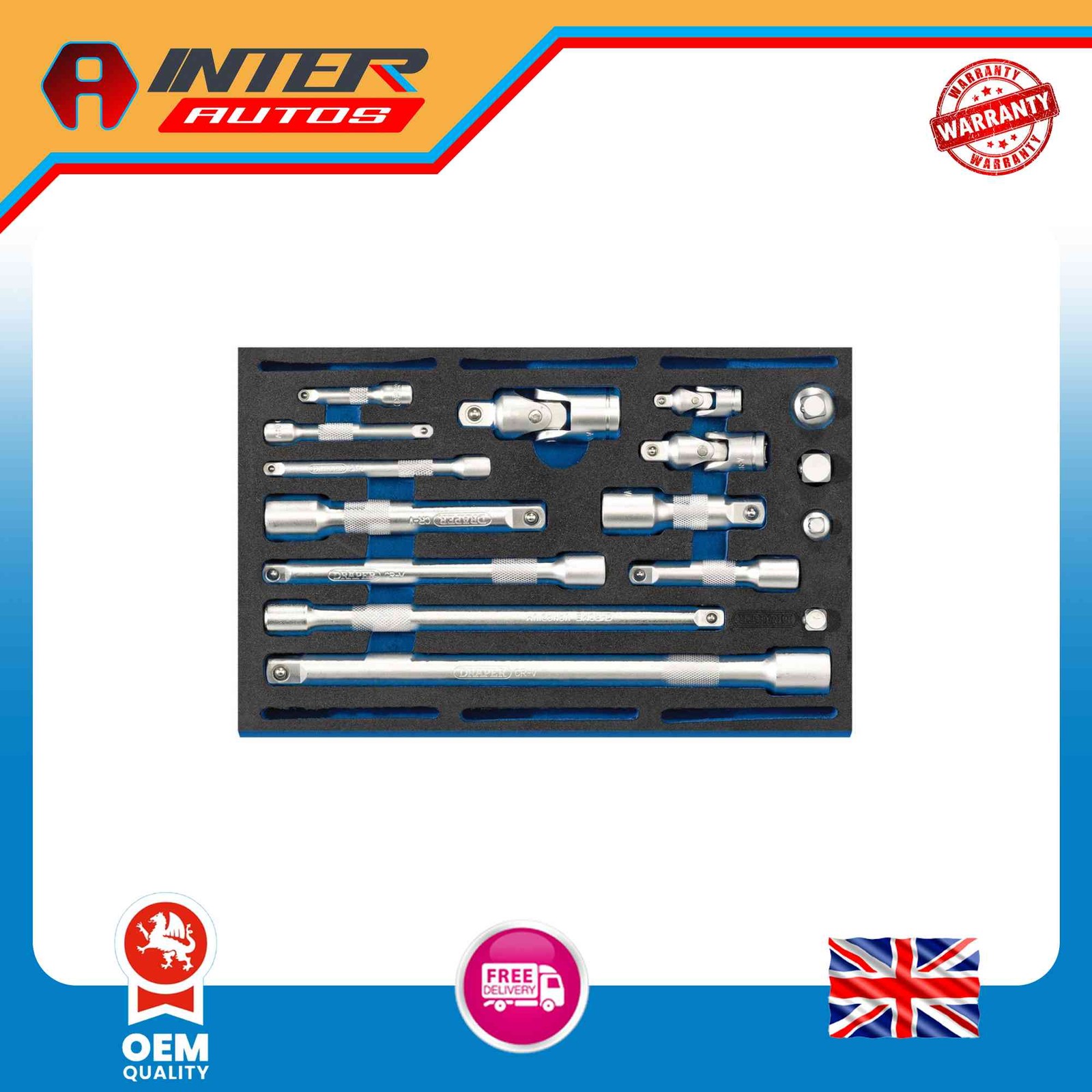 Draper Extension Bar, Universal Joints and Socket Convertor Set 1-4 Drawer EVA I