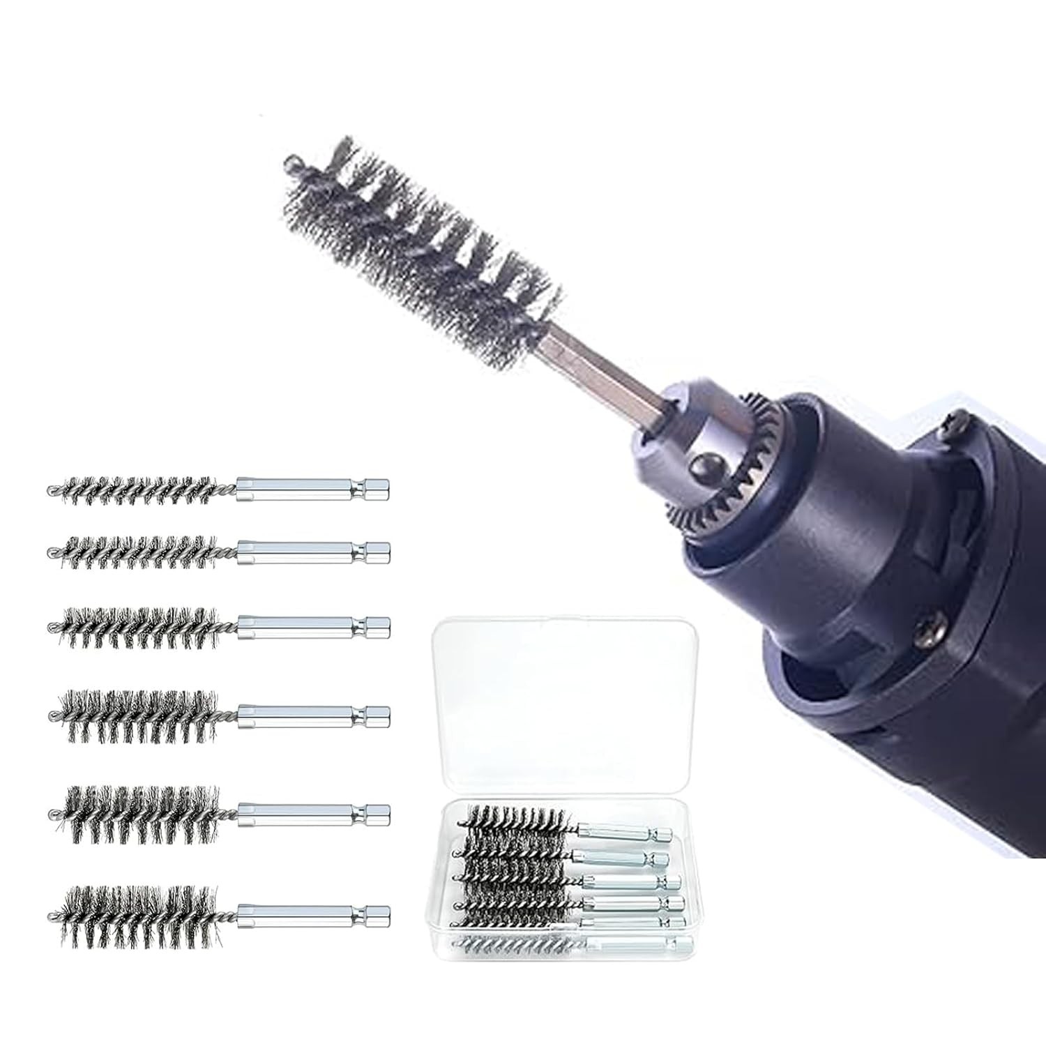 6 Pcs Stainless Steel Bore Brush with 1/4″ Hex Shank Twisted Wire silvery