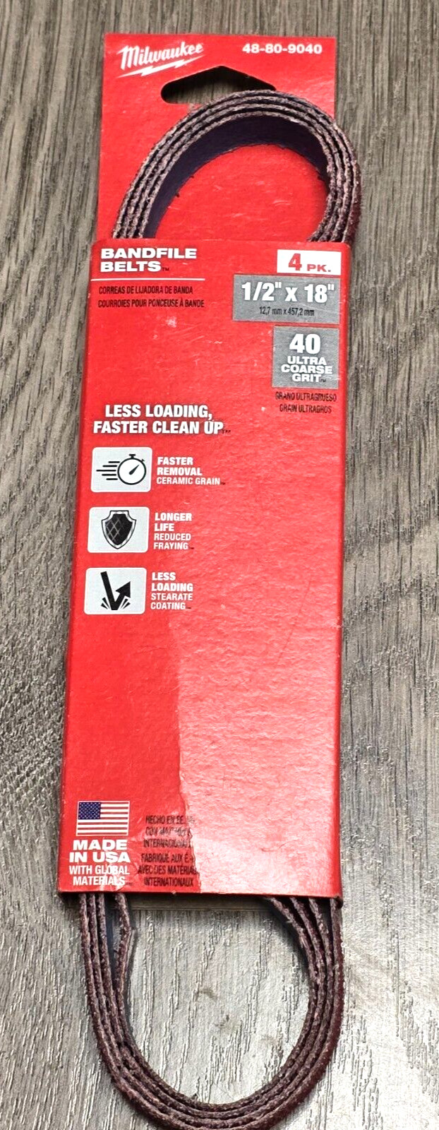 4pc Replacement Milwaukee 1/2″ x 18″ Bandfile Sanding Belts, 40 grit 48-80-9040