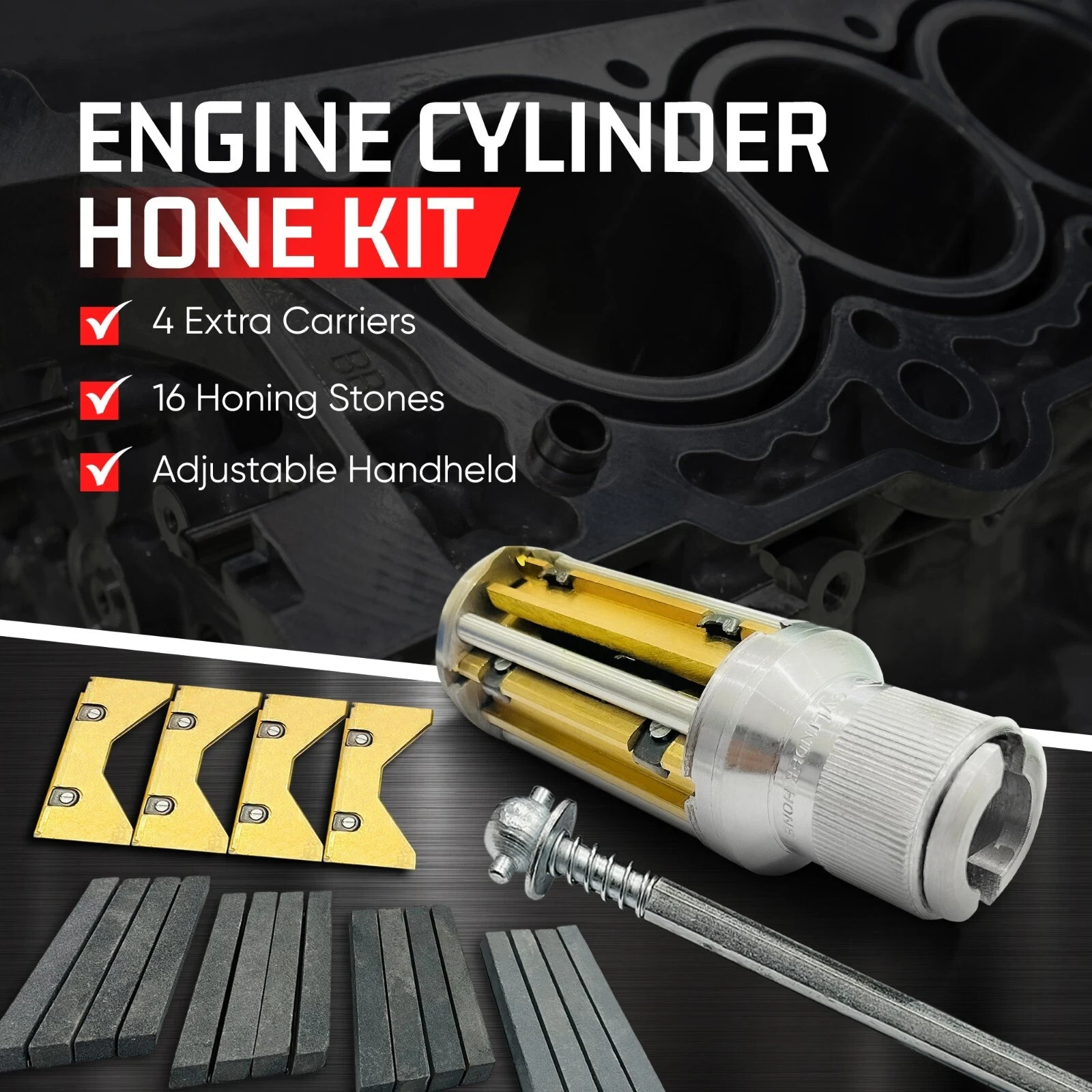 Cylinder Engine Hone Kit 3 1/2″ To 6 1/2″ Honing Machine + 4 Set Of Stones USA