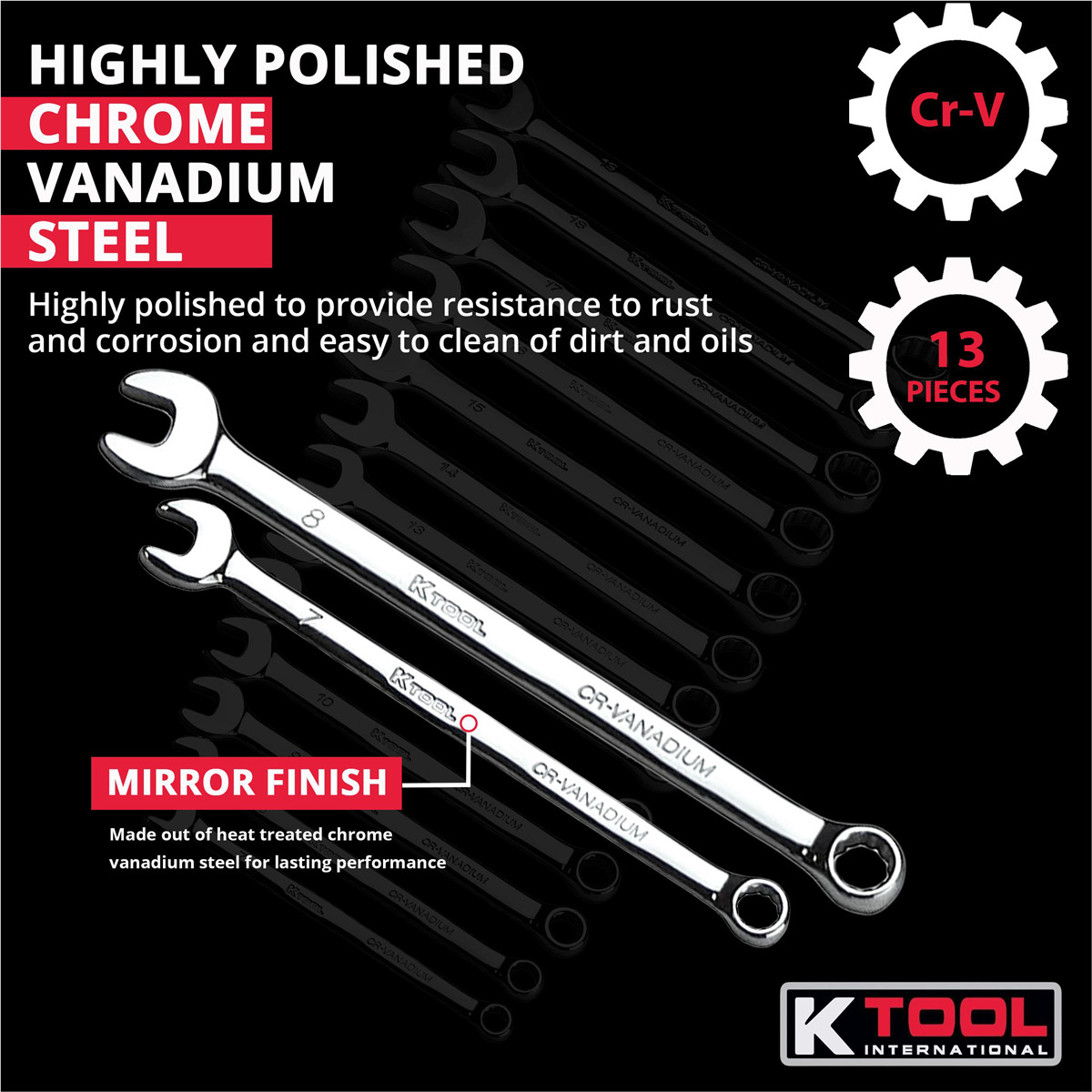 K-Tool 41800 Metric Combo Wrench Set, 13-pc, Sizes (7mm-19mm Wrenches)