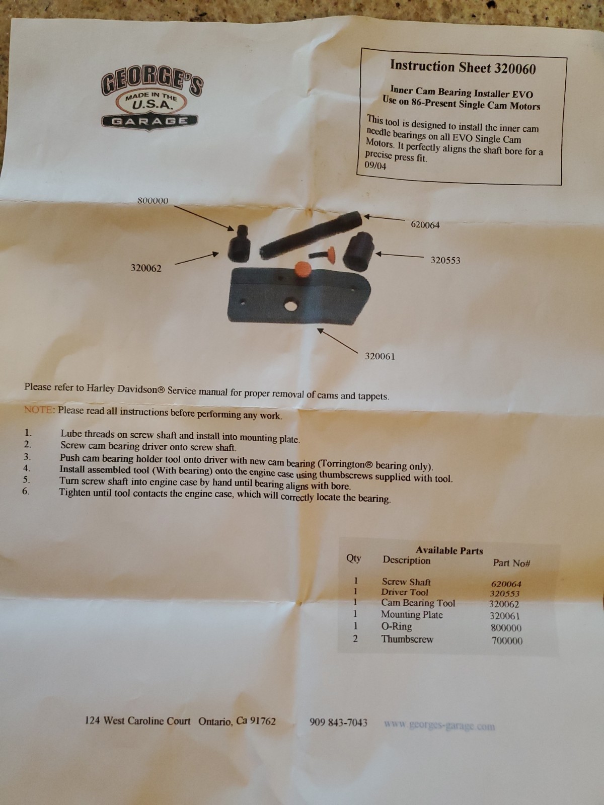 George’s Garage USA inner cam bearing installer 86-present single cam Evolution