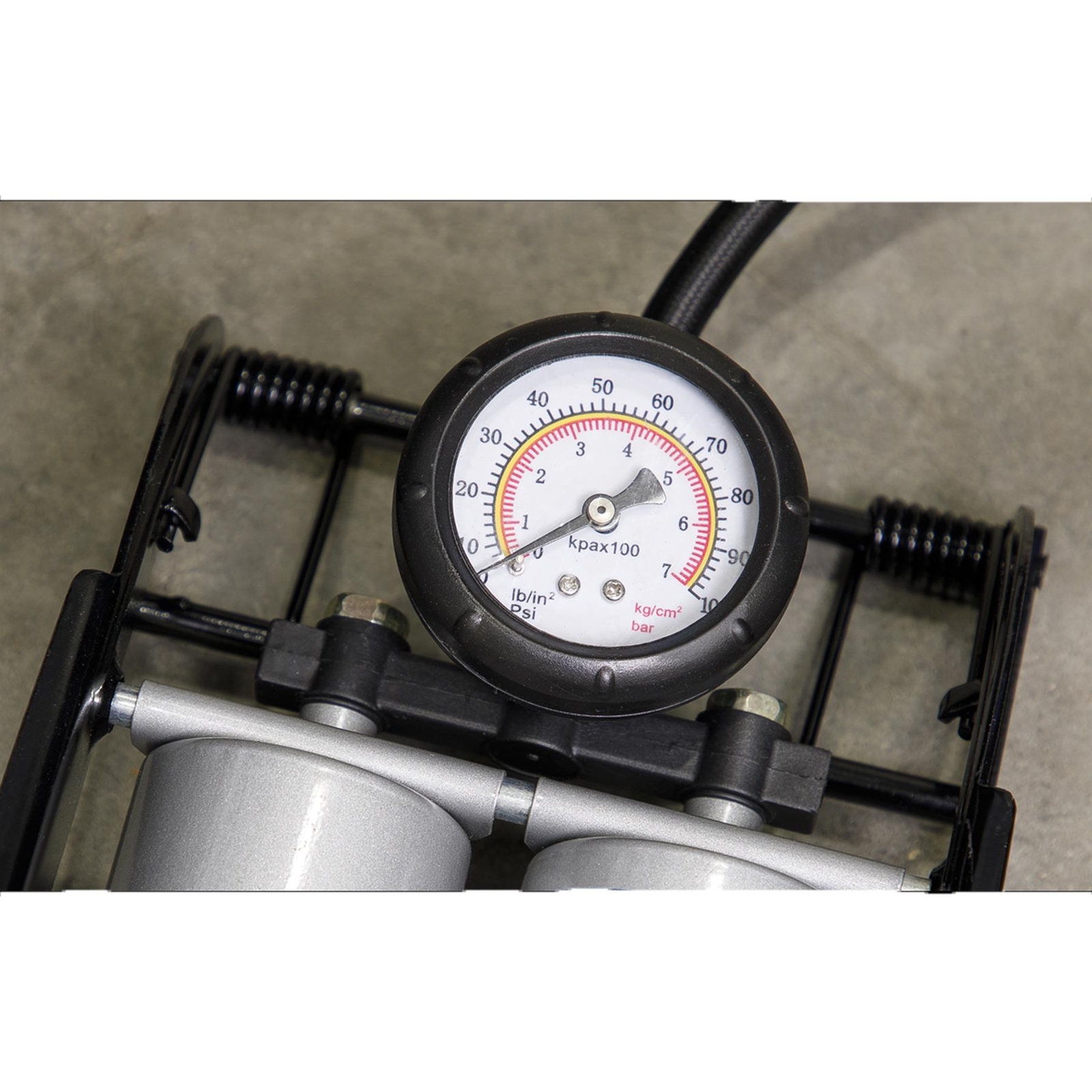 Sealey Motorsport Twin Barrel Steel Foot Pump 0-100psi And 0-7 Bar FP4