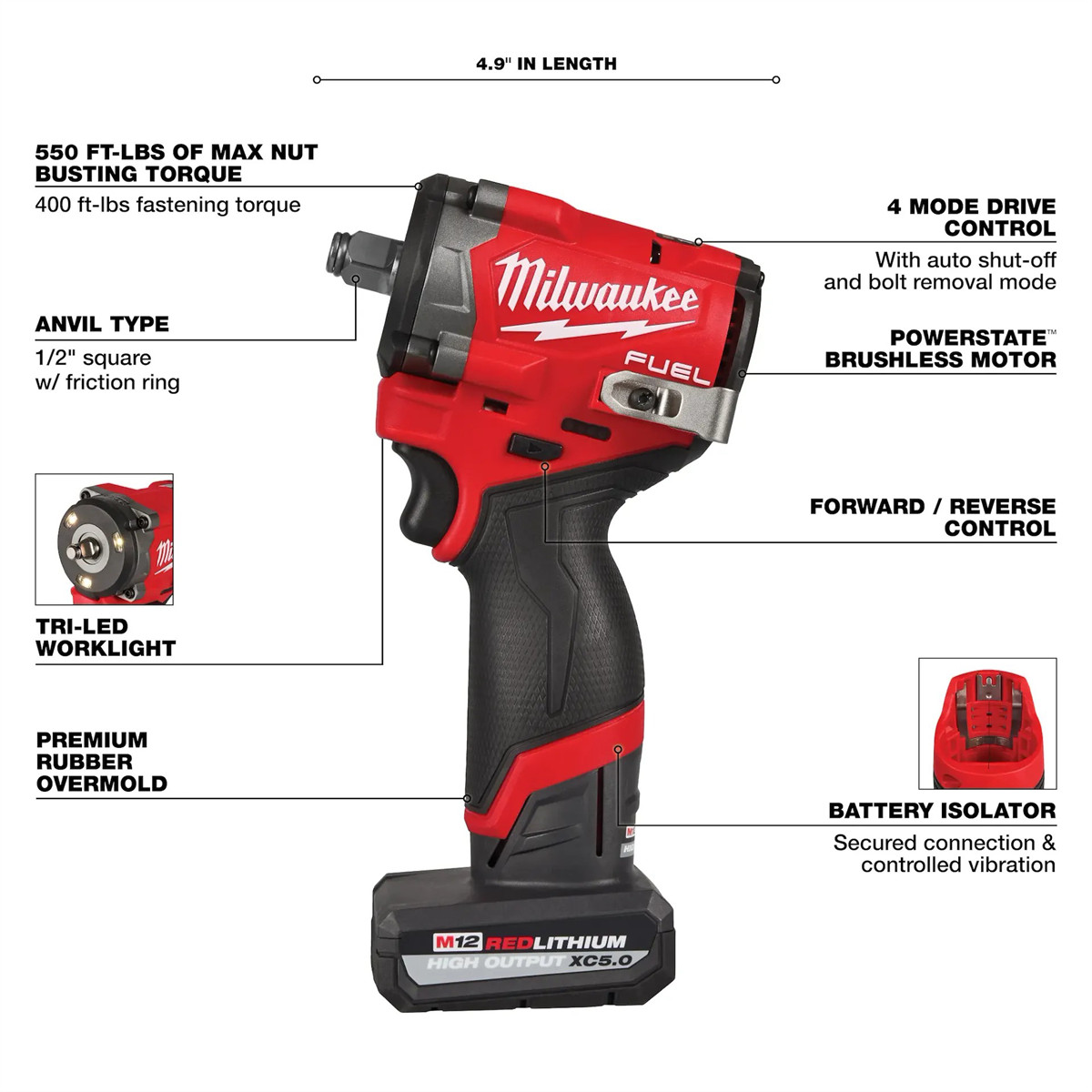 Milwaukee 2563-20 M12 FUEL 1/2 Inch Stubby Impact Wrench 550 Ft Lbs Compact