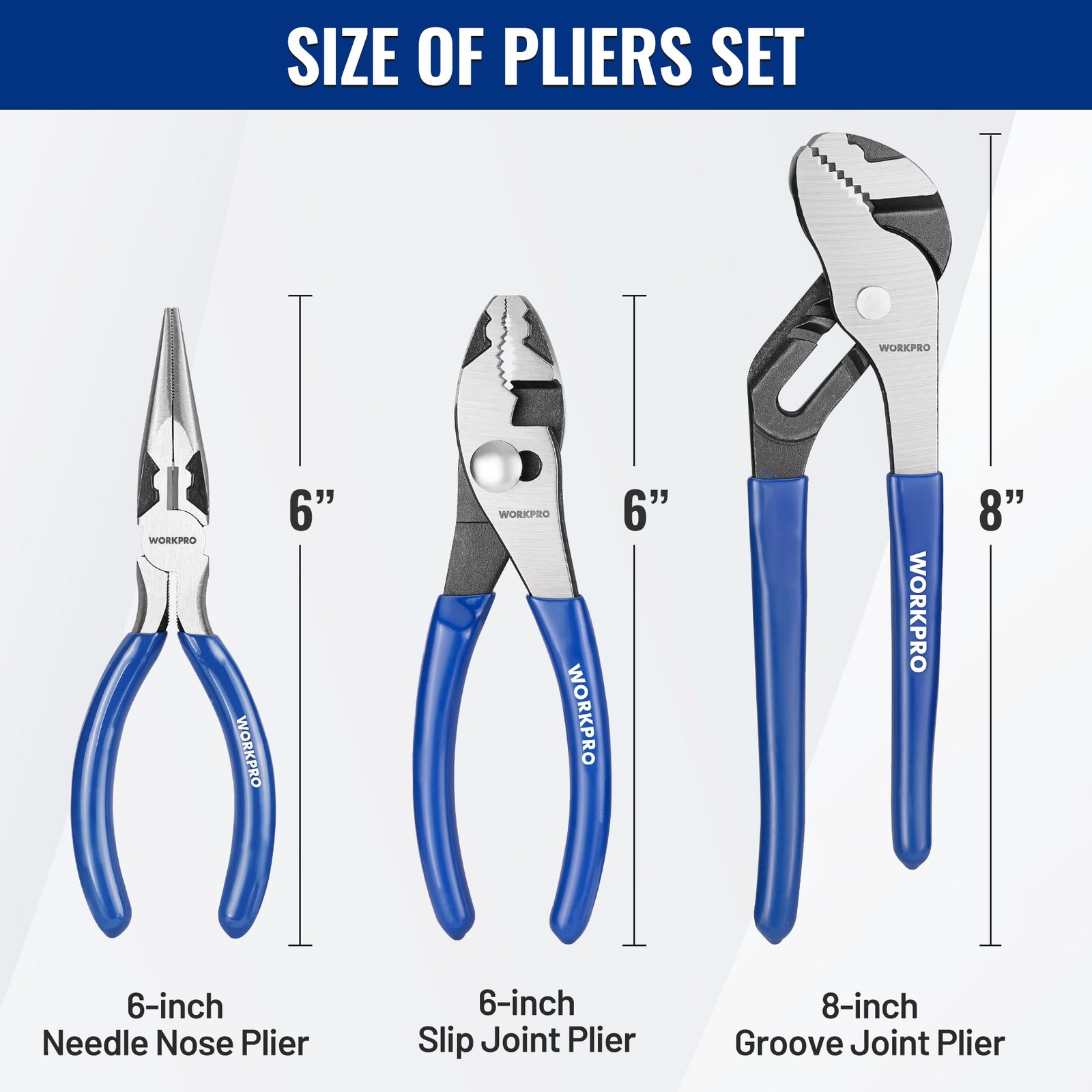 WORKPRO Pliers Set, 3-Piece Plier Tool Set with Soft Handle, 6″ Needle Navy