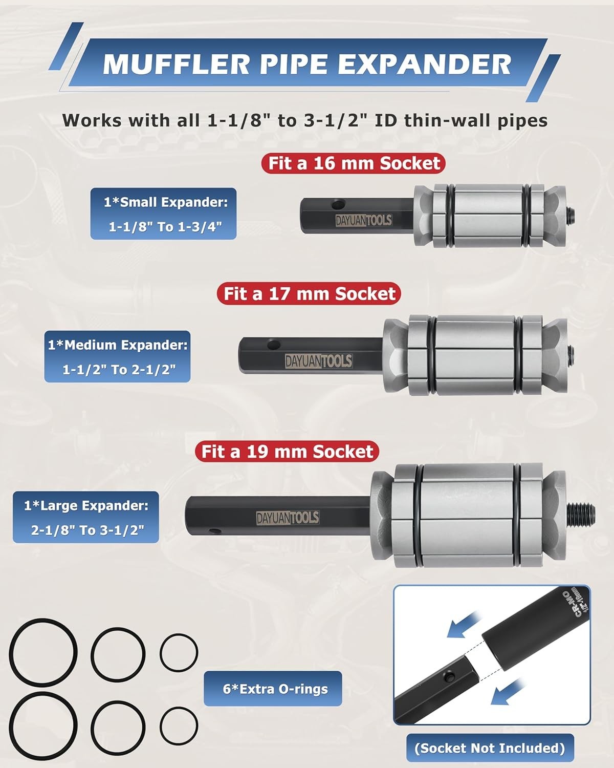 Universal Fit Exhaust Pipe Expander Tool Kit, 1-1/8″ to 3-1/2″ – Heavy-Duty