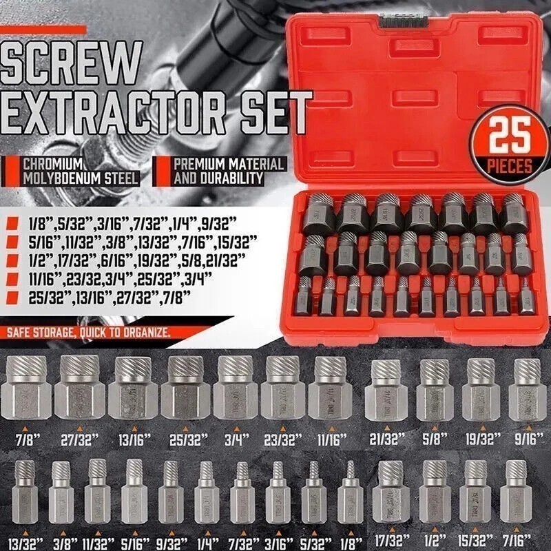 25PC Screw Extractor & Bolt Remover Set – Multi-Spline Hex Socket Wrench Kit