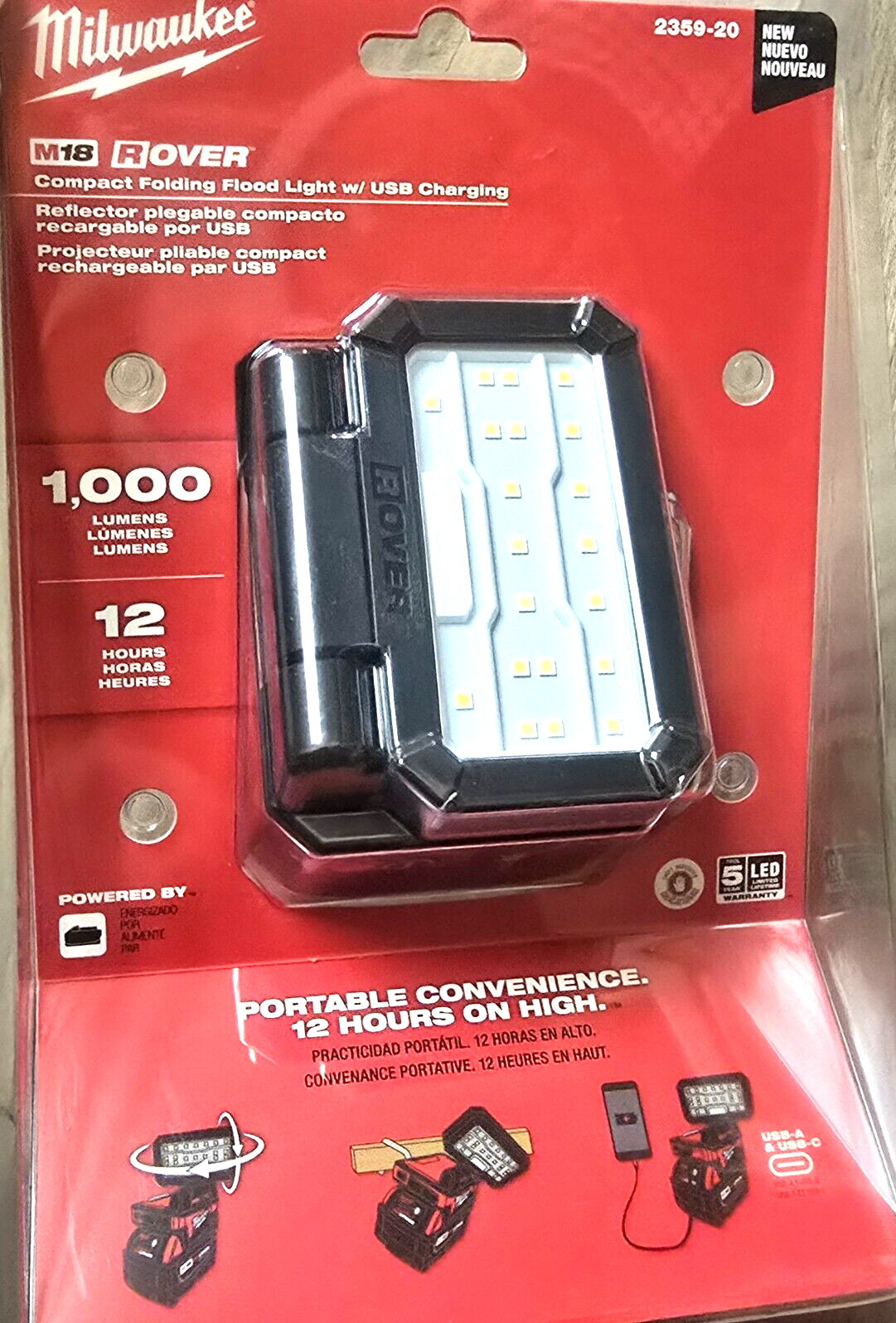 Milwaukee M18 Rover Compact Folding 1000 L Work Light & USB Power Supply 2359-20