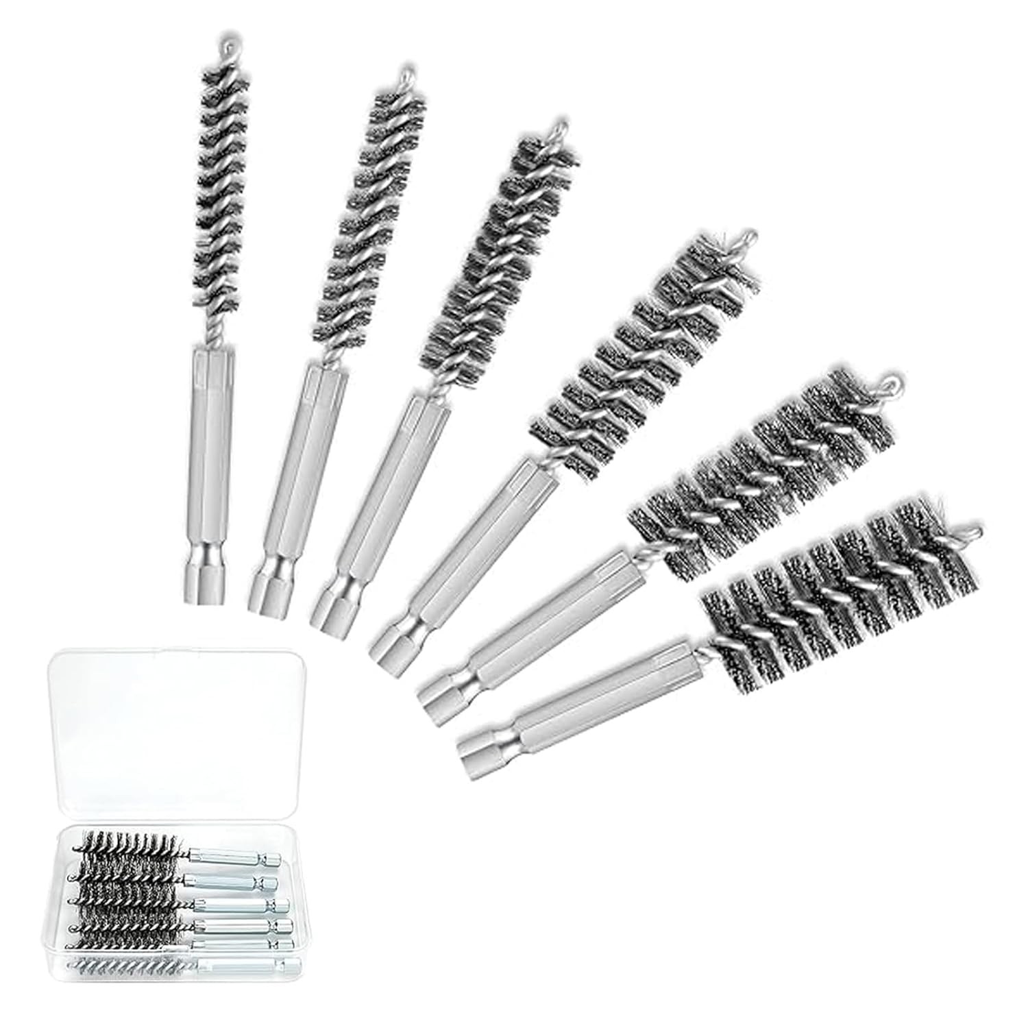 6 Pcs Stainless Steel Bore Brush with 1/4″ Hex Shank Twisted Wire silvery