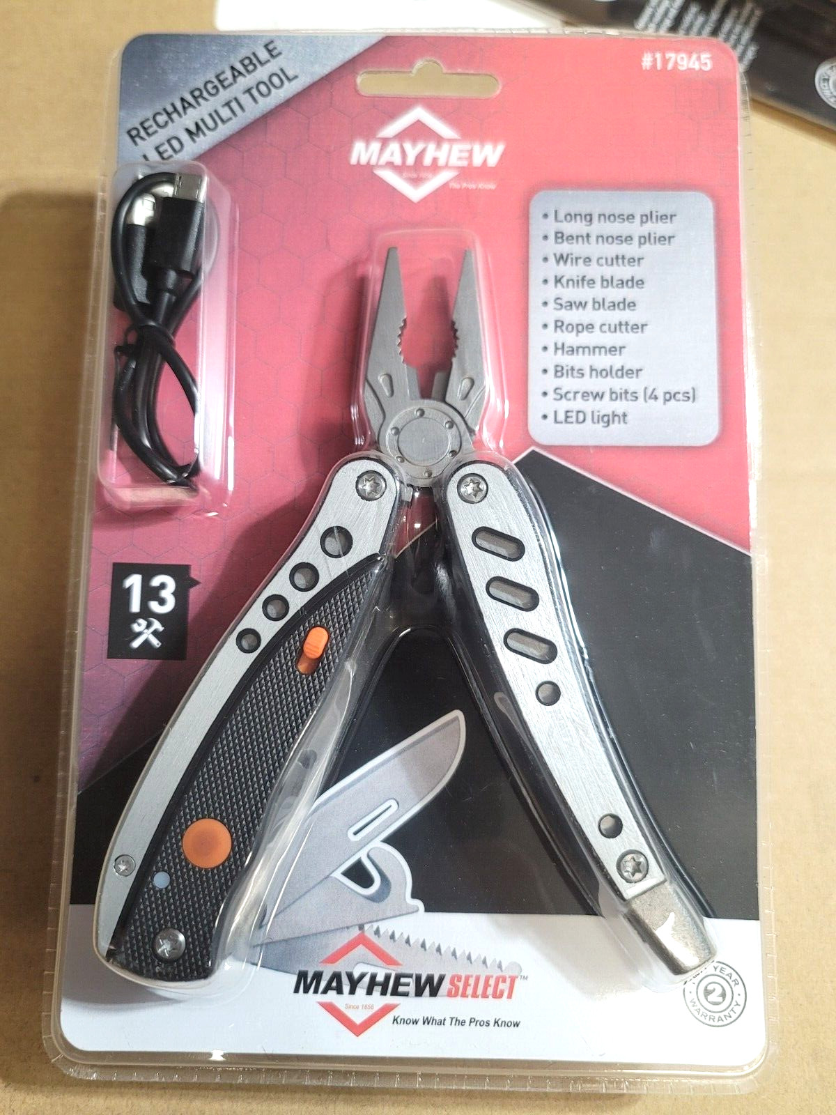 Mayhew 13 Tool Multi-Tool Pliers w/ Rechargeable LED Light & Sheath #17945