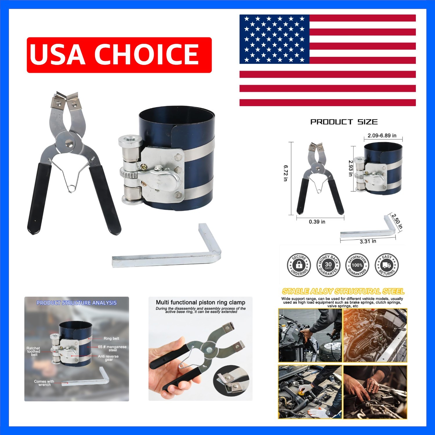 Car Engine Kit, Adjustable 2-1/8″ to 7″ Vehicle Piston Ring Compressor Tool &…