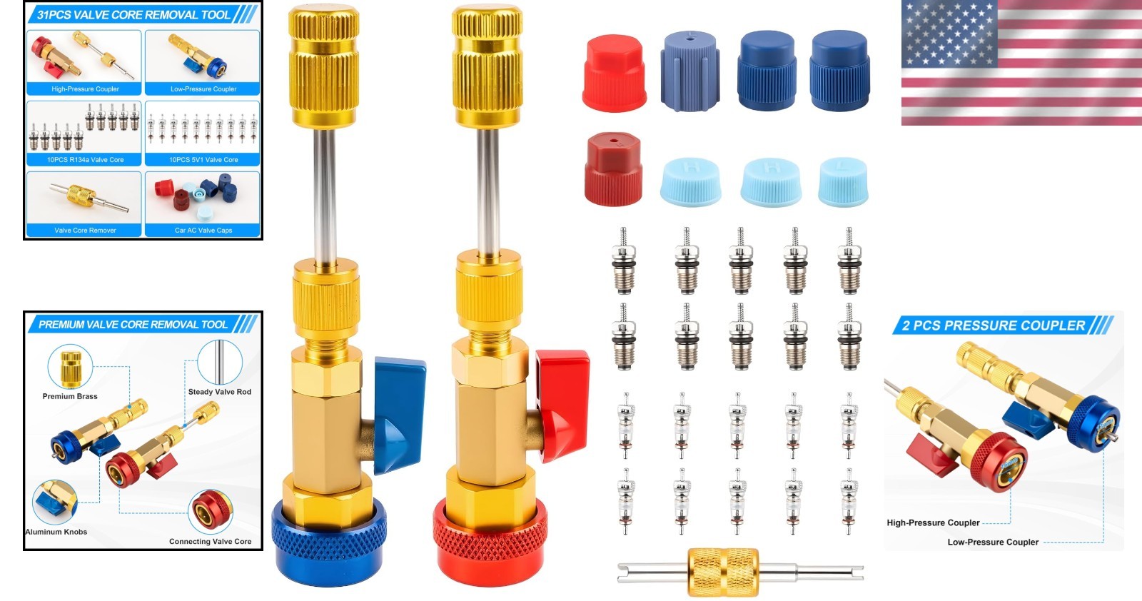 R134A Valve Core Quick Remover Installer Tool Set – 31PCS AC High Low Pressur…