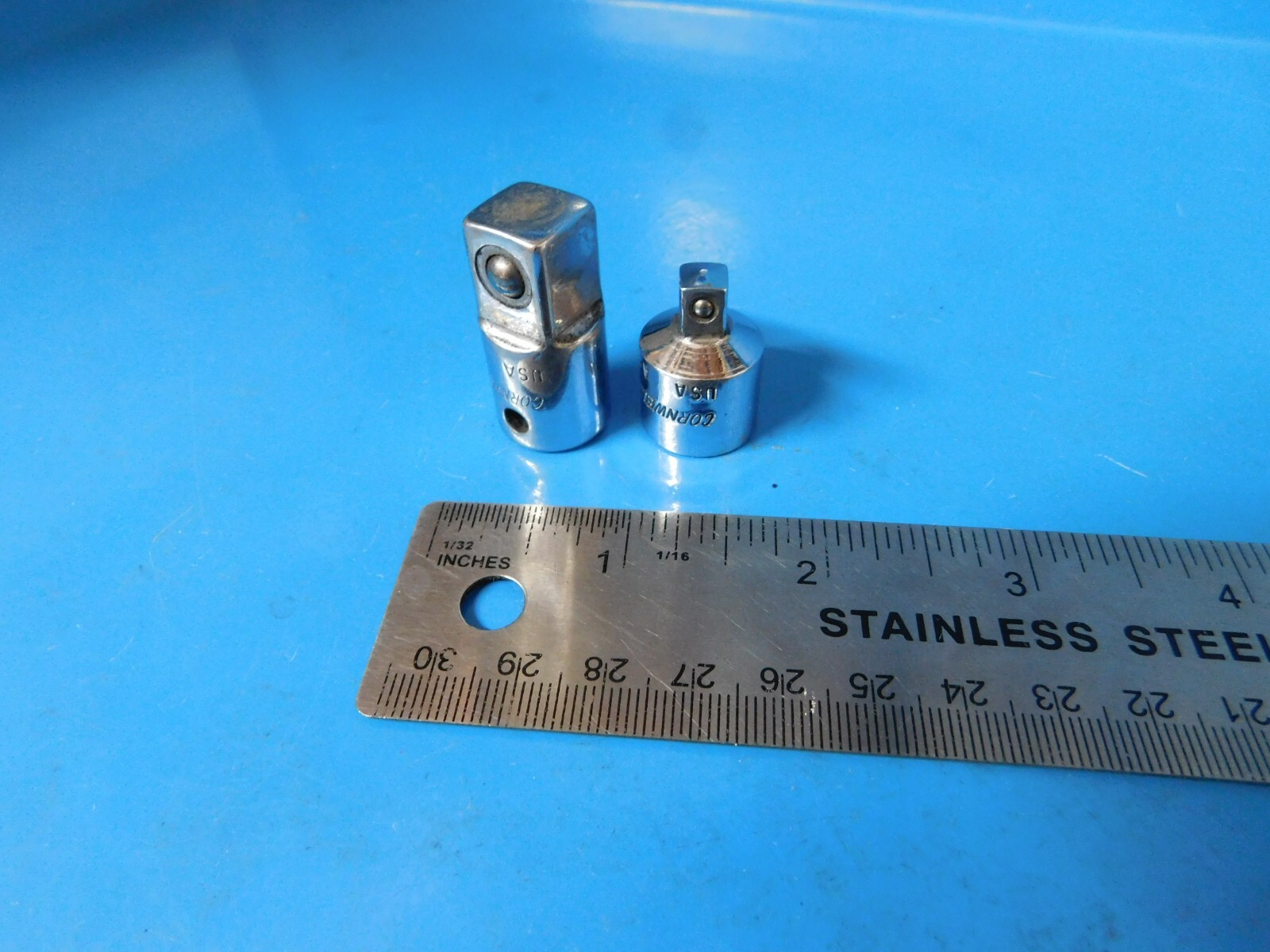USED,CORNWELL TOOLS 3/8IN TO 1/4IN & 3/8IN TO 1/2IN ADAPTORS , LOT OF 2, USA