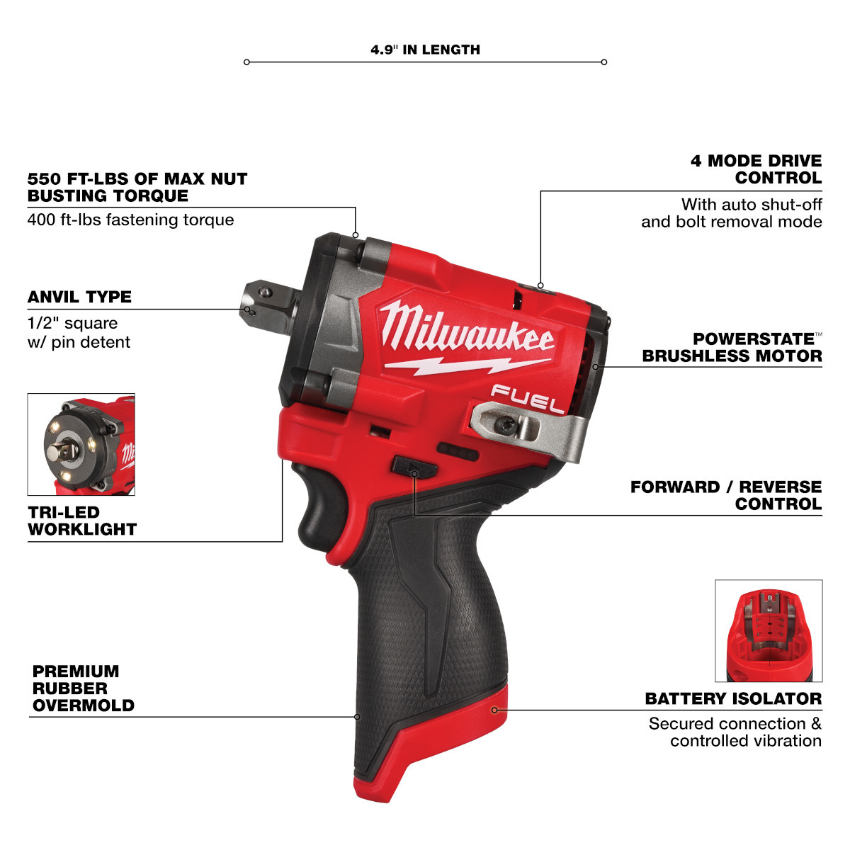 Milwaukee Tool M12 FUEL Stubby 1/2 Inch Impact Wrench with Pin Detent