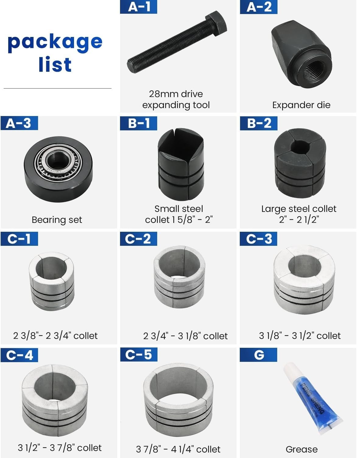 Muffler Pipe Expander Tool Set with Various Collet Sizes for Exhaust Adjustments