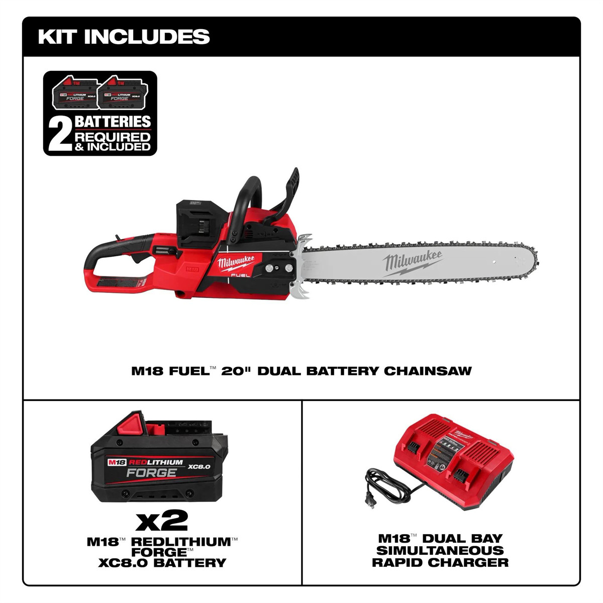 Milwaukee Tool M18 FUEL 20 Inch Dual Battery Chainsaw Kit