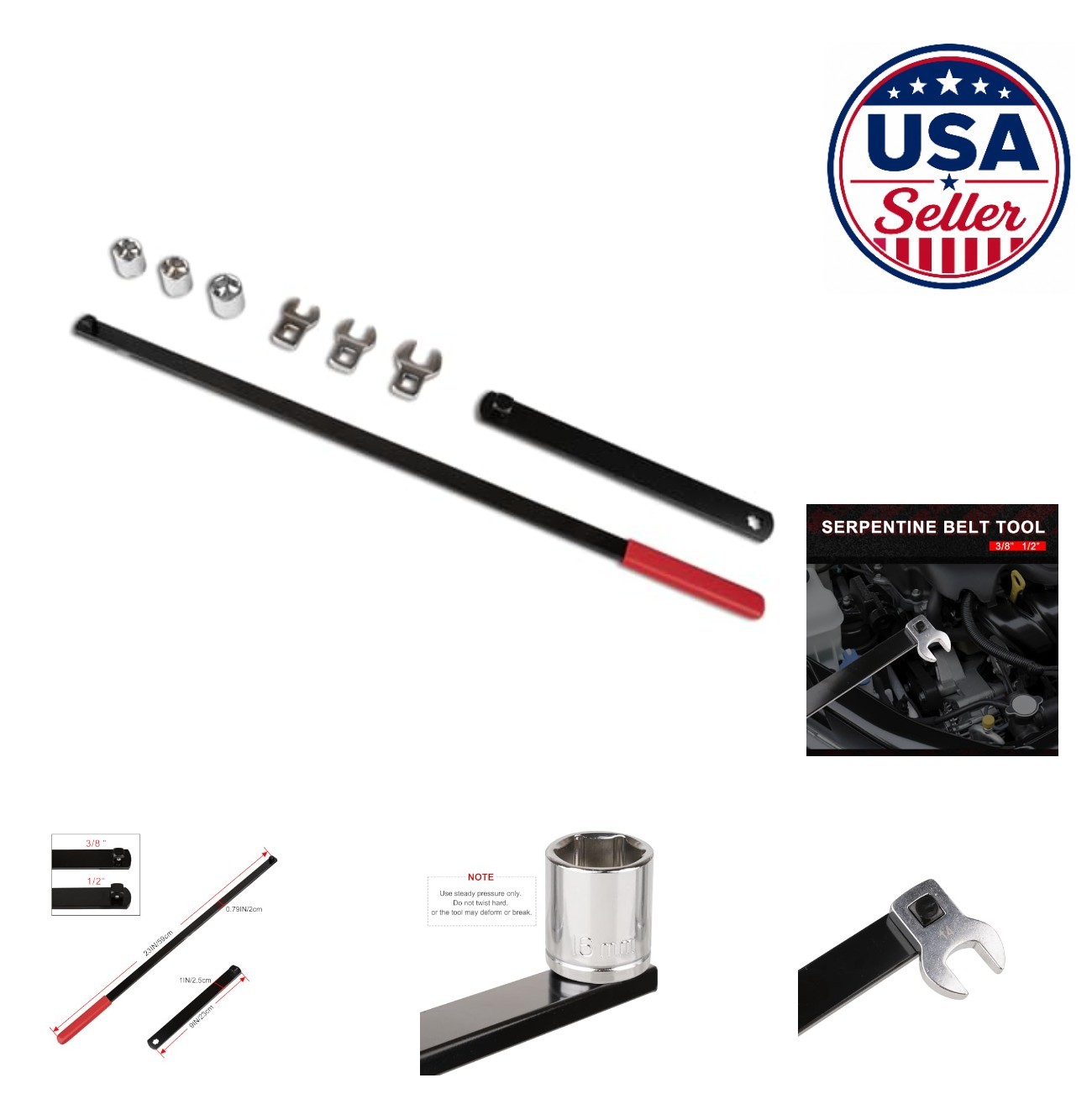 Serpentine Belt Tool Kit 8 Piece Tensioner Wrench Set 3/8 1/2 Drive Engine Tool