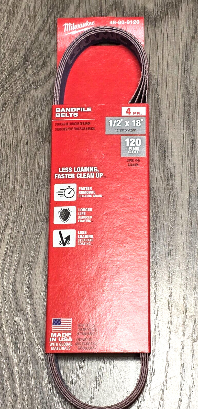 4pc Replacement Milwaukee 1/2″ x 18″ Bandfile Sanding Belts, 120 grit 48-80-9120