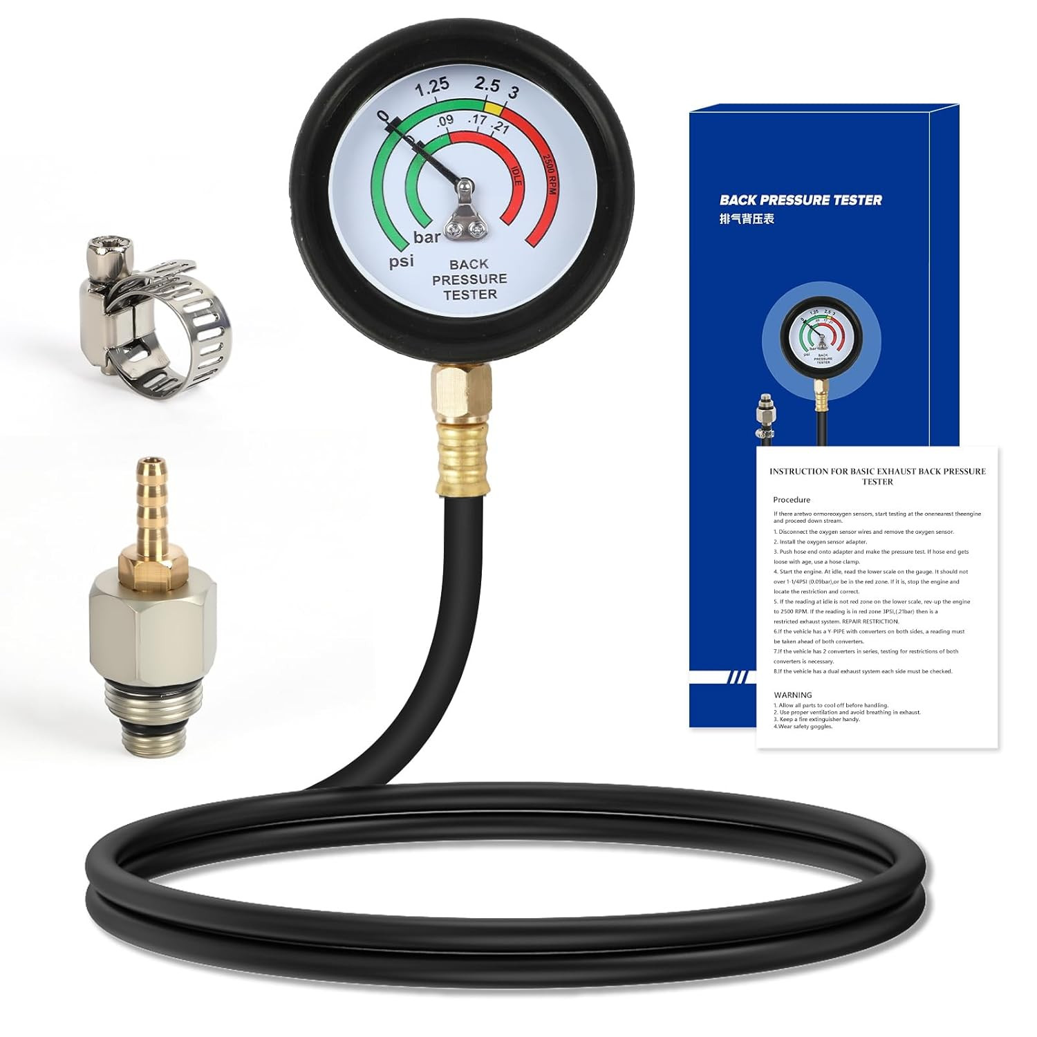 Exhaust Back Pressure Tester Gauge with Dual Scale (psi/Bar), 5-Ft Hose,Adapter