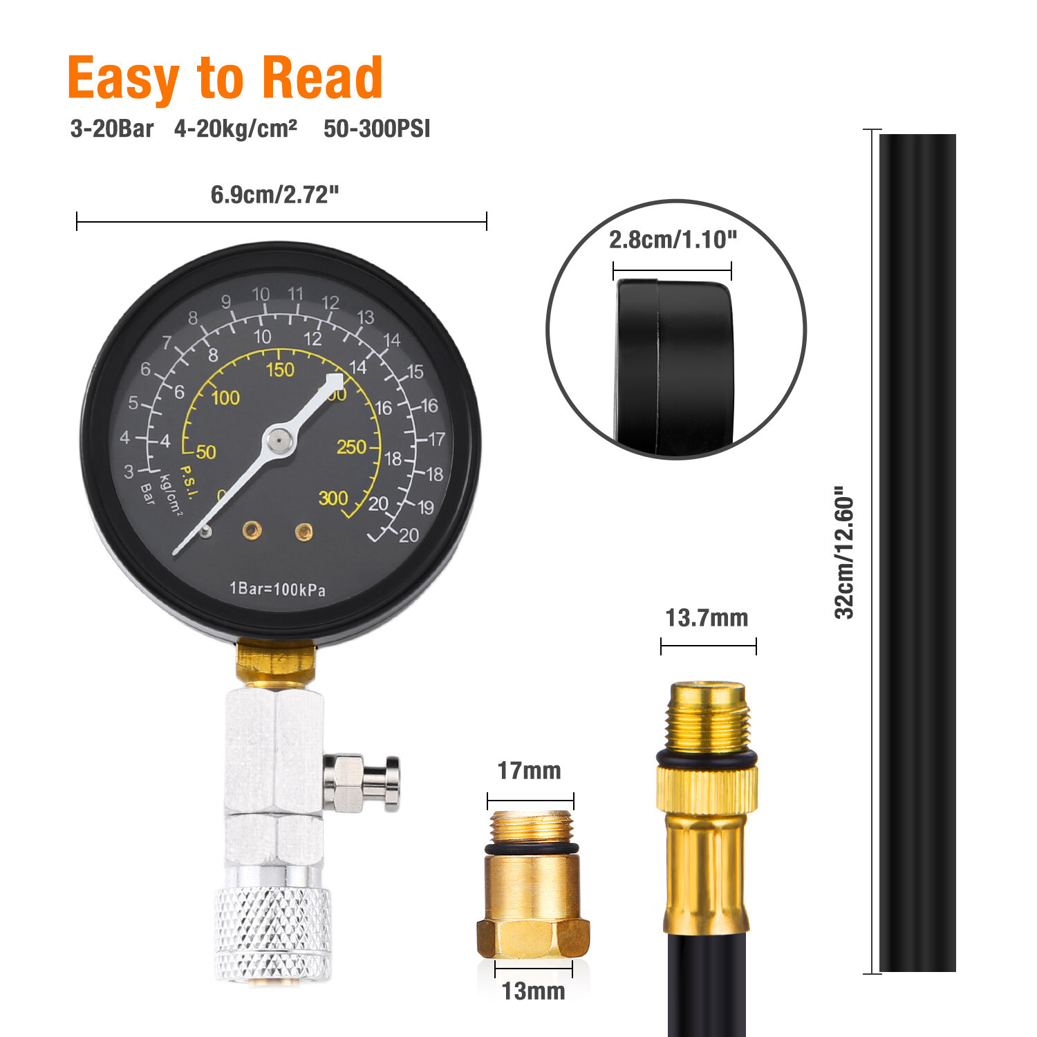 Engine Cylinder Compression Gauge Tester Kit Gas Engine Diagnostic Testing Tool