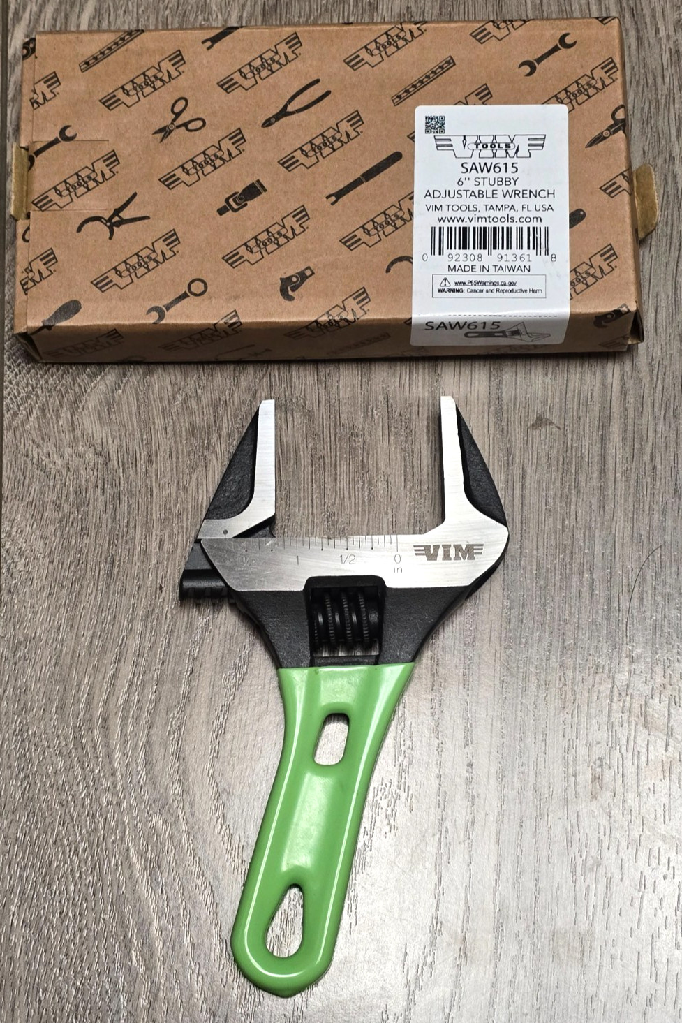 VIM 6″ Green Stubby Wide Mouth Opening Adjustable Wrench Opens to 1-5/8″ #SAW615