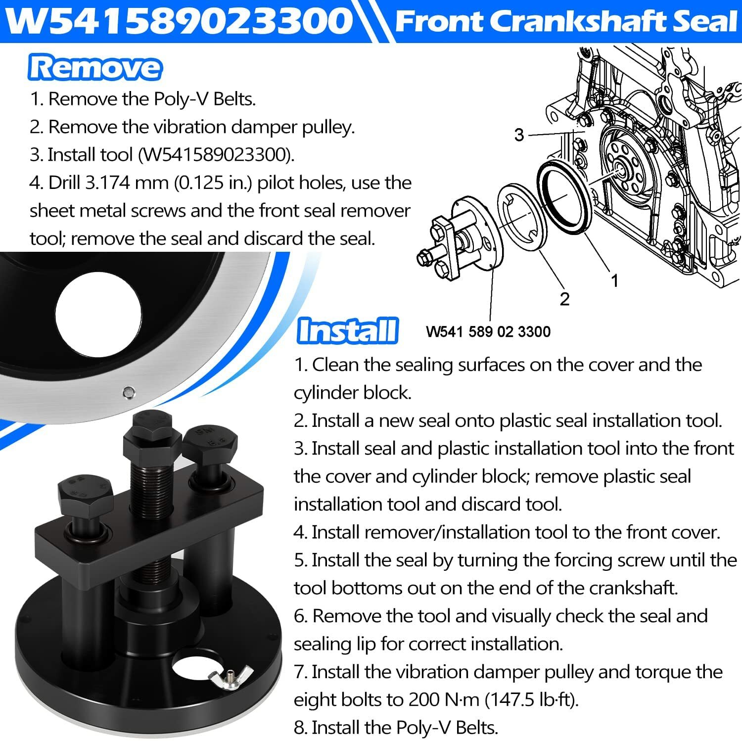 Front & Rear Crankshaft Seal Remover/Installer Tool for Detroit Diesel DD13/DD15