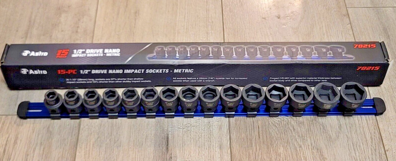 Astro 1/2″ dr 15pc Metric Low Profile Stubby Nano Impact socket Set w/Rail 78215