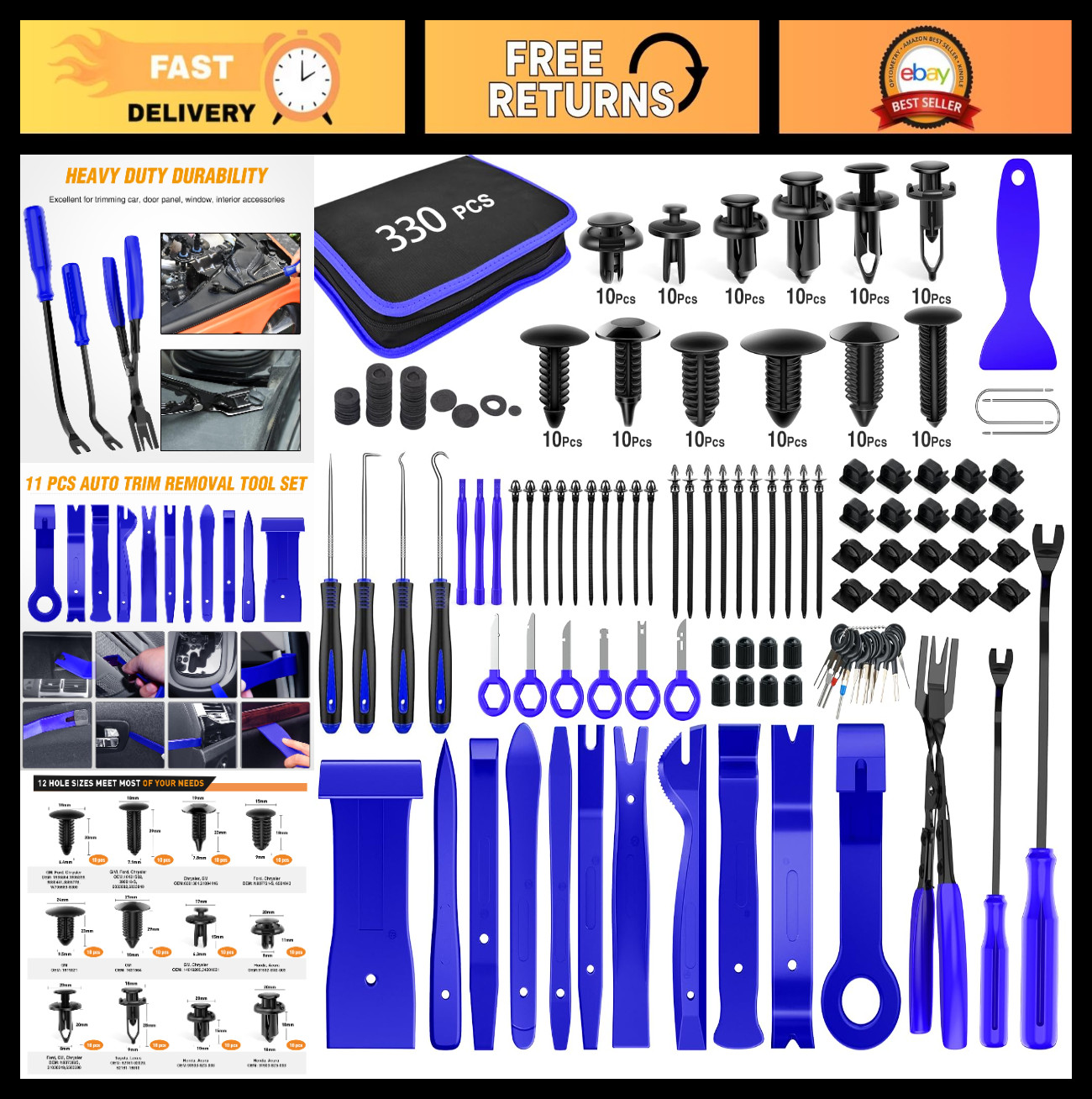 330Pcs Trim Removal Tool Set – Auto Push Pin Clips, Bumper Fasteners, Pry Kit