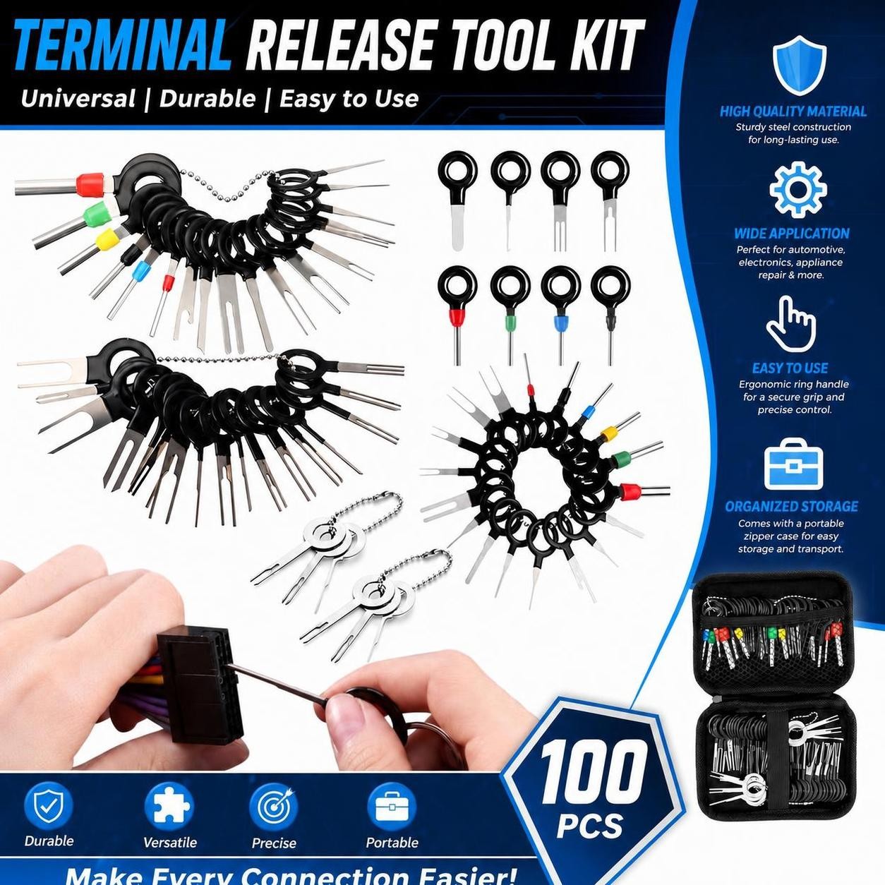 100X Pin Ejector Wire Kit Extractor Connector Terminal Removal Tool For Car UTV