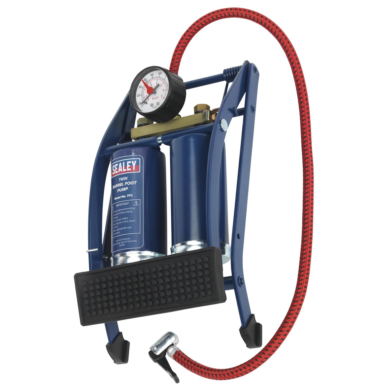 Sealey Foot Pump Twin Barrel Blue 0-100psi 0-7bar FP2