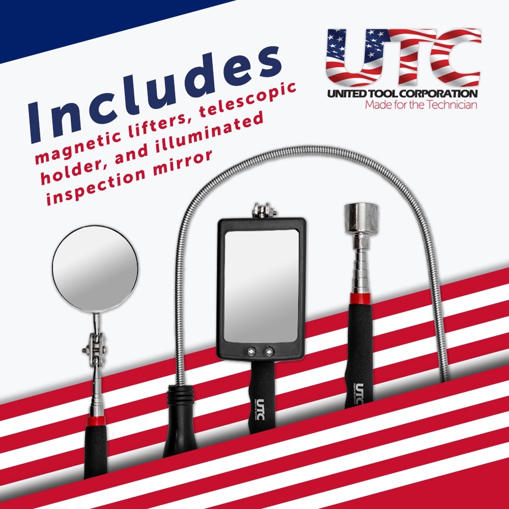 Telescopic Mirror & Magnetic Pick Up Tool Set with LED Light for Garage NEW! UK