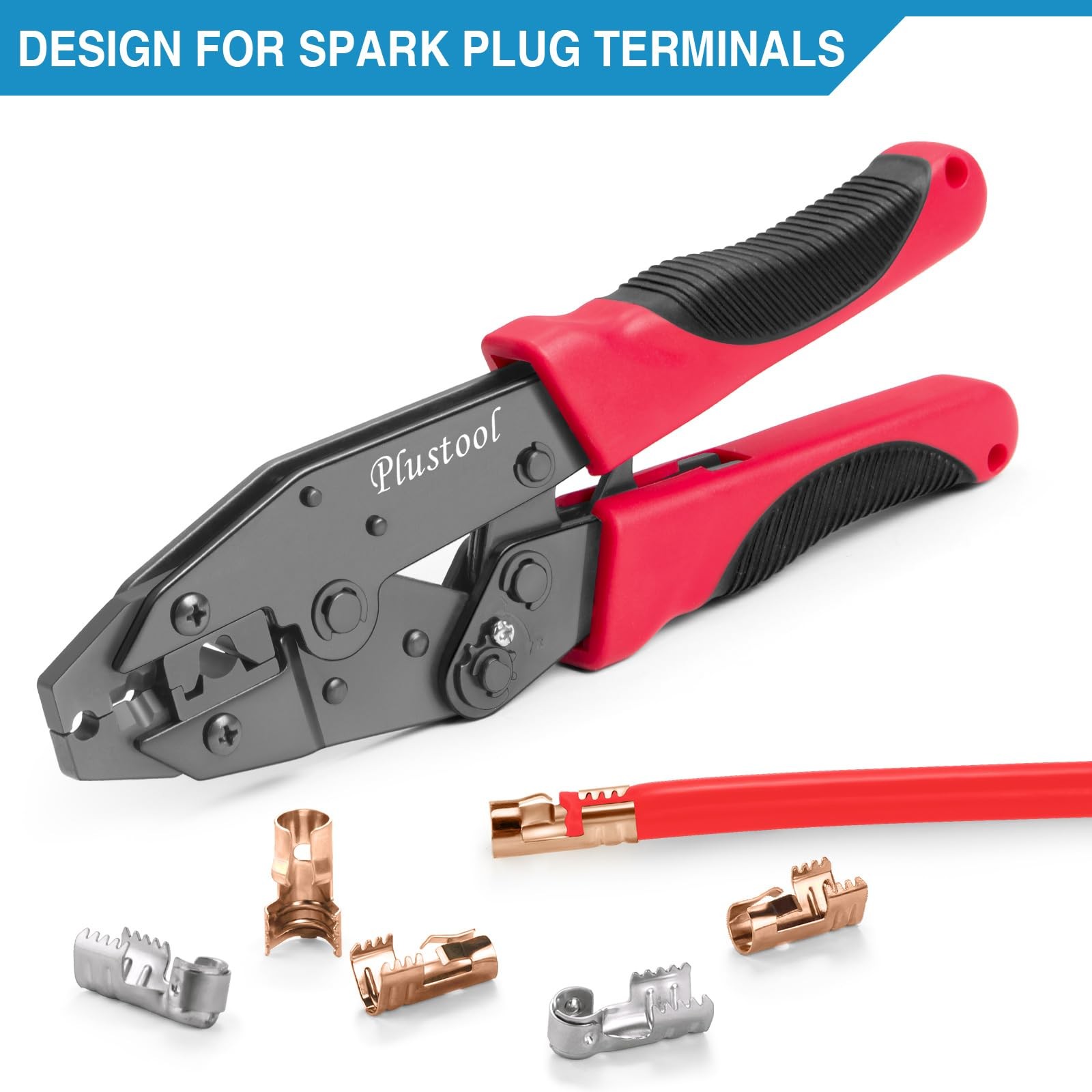 Plustool Crimping Tool for Spark Plug Ignition Wire, 8.5mm Ratchet Red&black